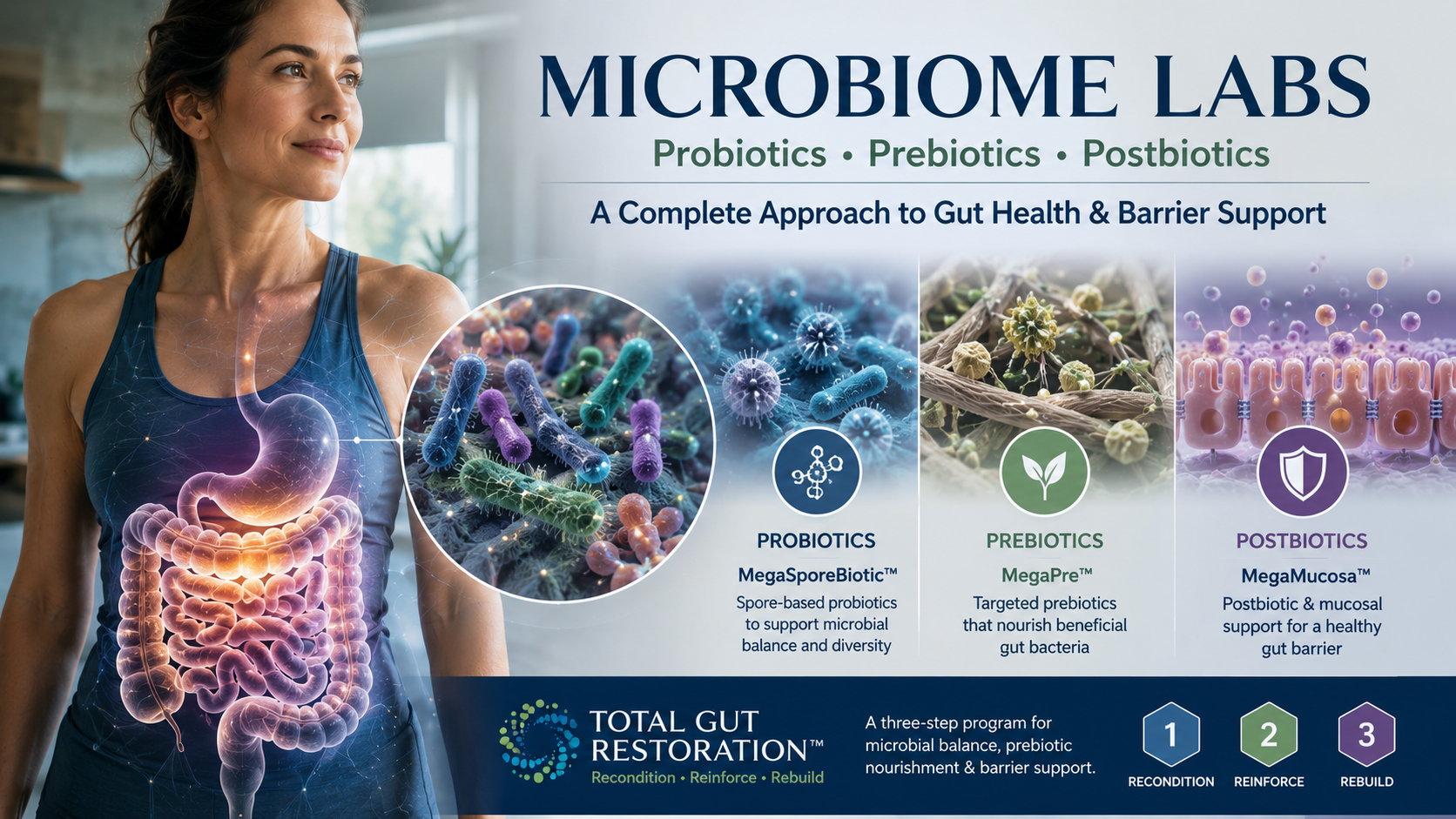 Gut microbiome illustration showing probiotics, prebiotics, intestinal barrier health, and microbiome diversity in longevity medicine.