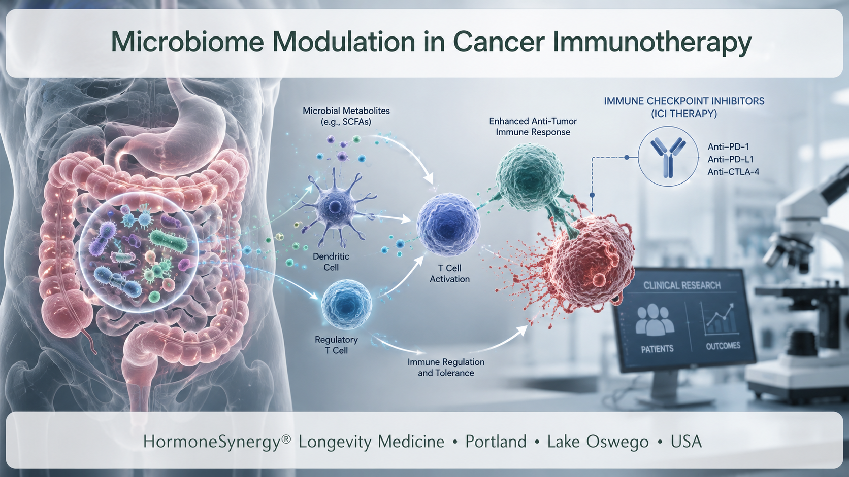 Clinical illustration of the gut microbiome, immune signaling, and cancer immunotherapy research in a calm medical setting