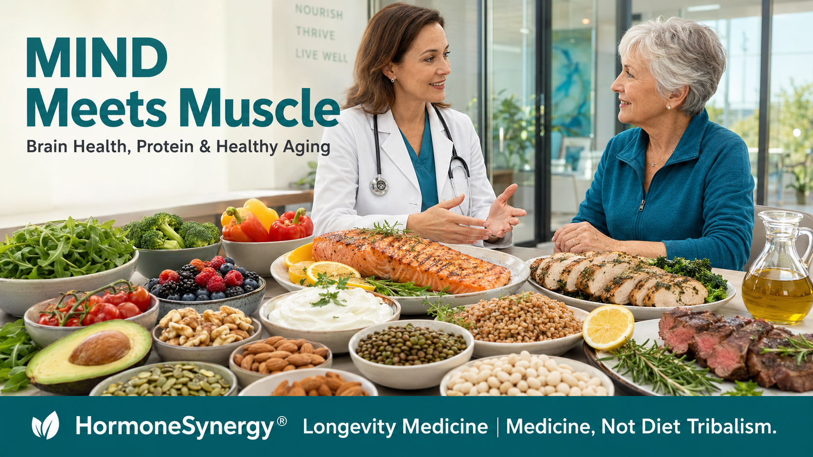 Physician comparing MIND and protein-forward Paleo-Mediterranean foods for brain health, muscle preservation, and healthy aging at HormoneSynergy in Oregon.