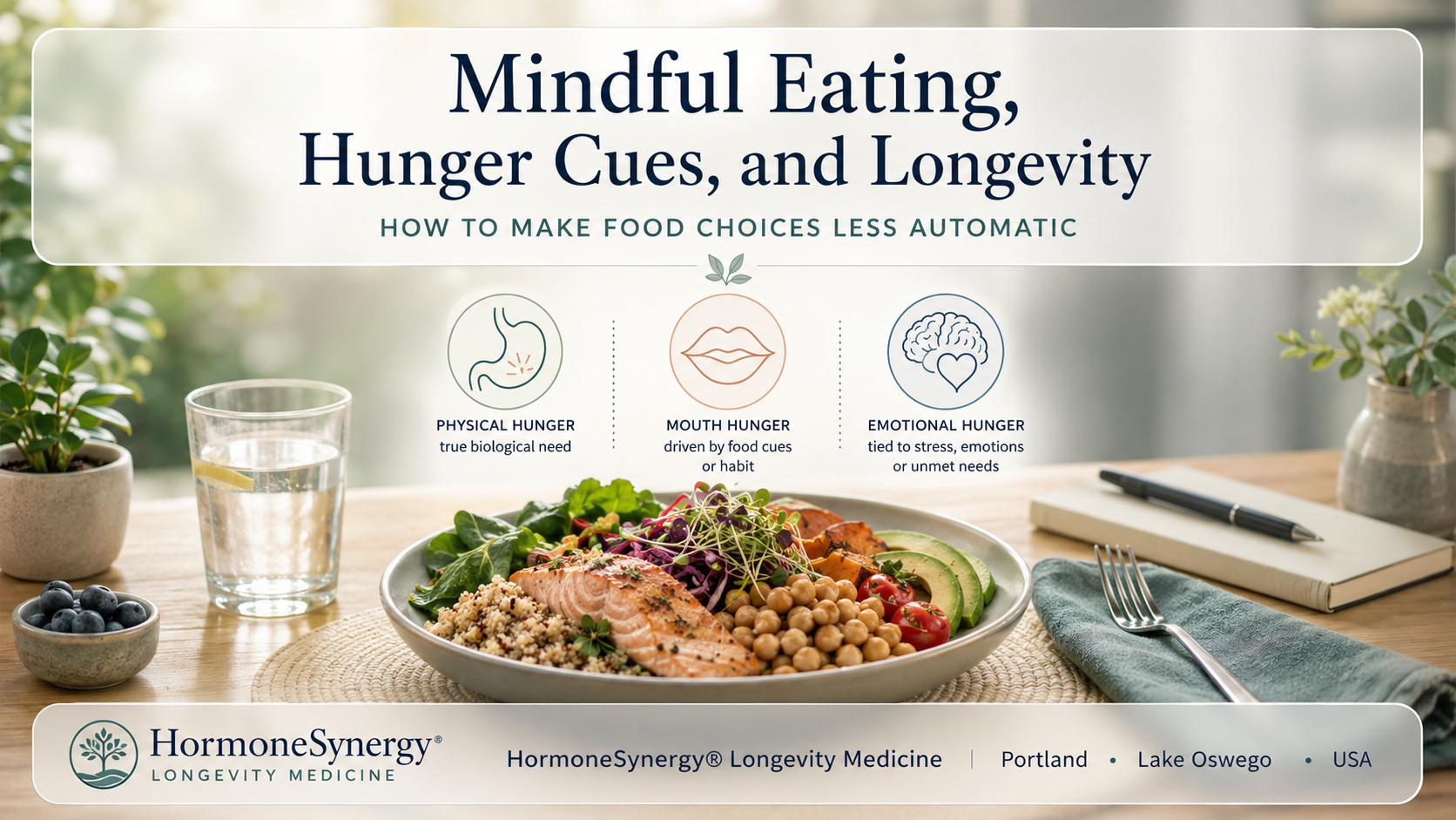 Mindful eating and hunger cues illustration for HormoneSynergy Longevity Medicine in Portland and Lake Oswego, showing a balanced meal with calm clinical wellness design.