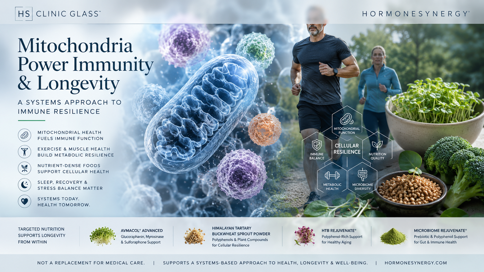 Illustration showing mitochondria powering immune cells with exercise, nutrient-dense foods, broccoli sprouts, and metabolic health themes in a clinical longevity medicine setting