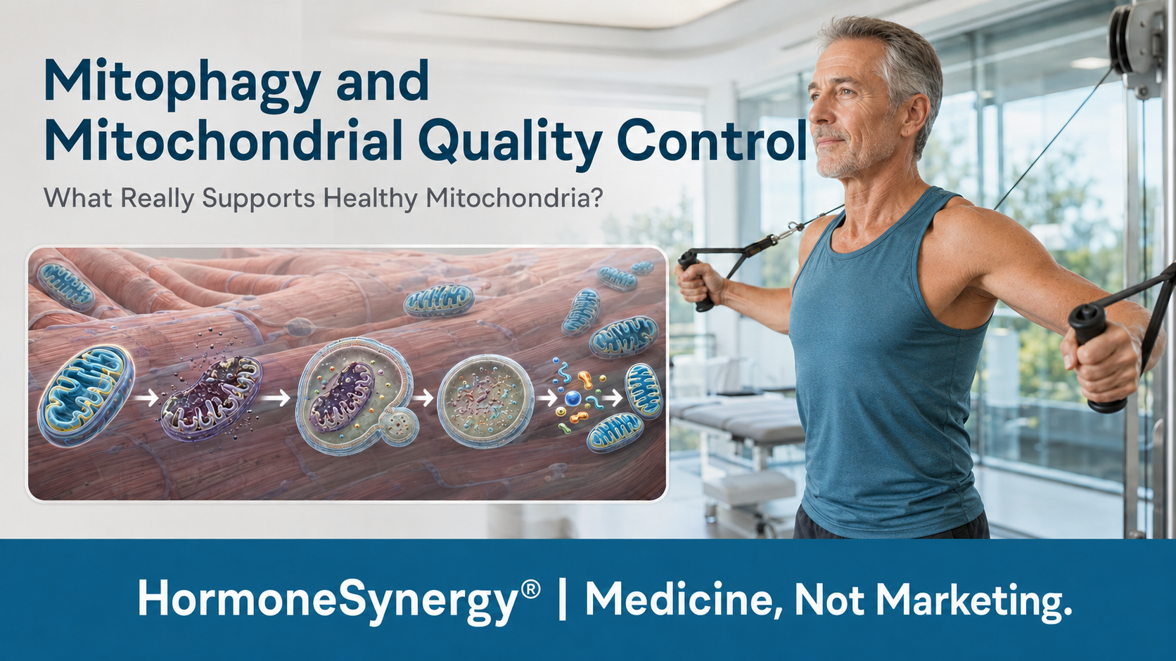 Woman exercising beside a cellular illustration showing mitophagy and balanced mitochondrial removal, recycling, and replacement.