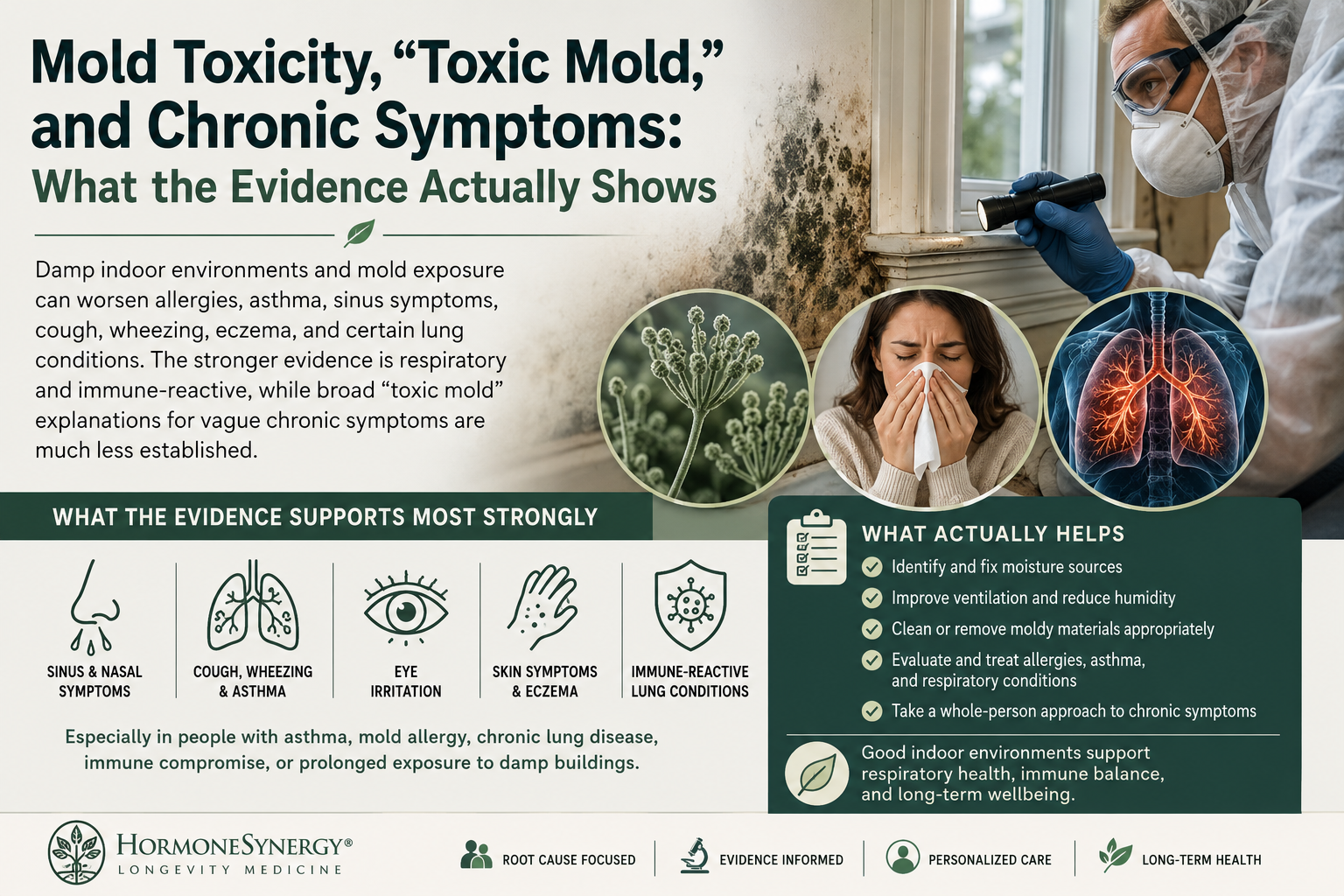 Clinical indoor air and damp building assessment concept for mold exposure, respiratory symptoms, and longevity medicine.