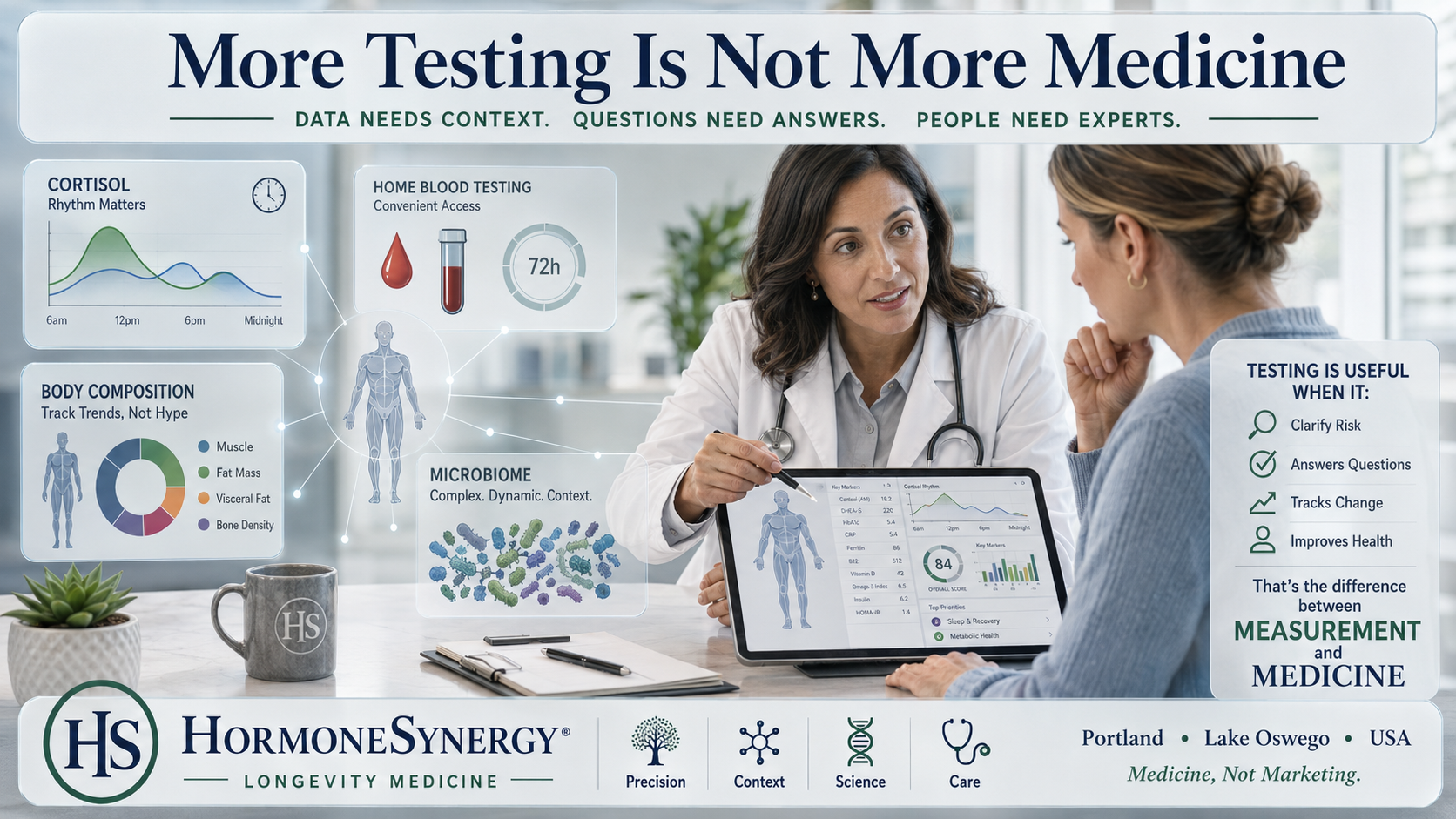 A clinical digital health dashboard showing cortisol, home blood testing, body composition, and microbiome data being interpreted in a longevity medicine setting.