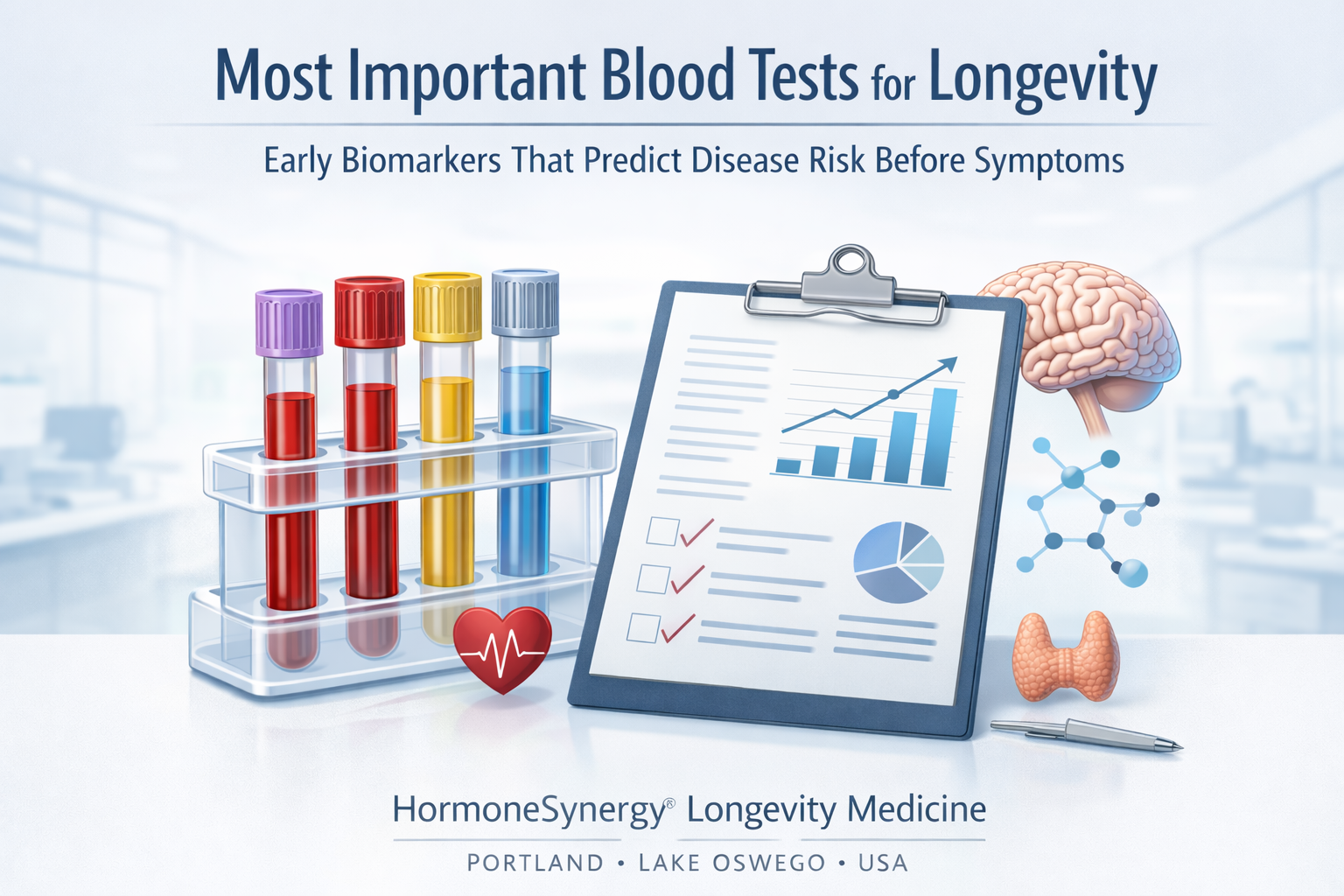 Most important blood tests for longevity showing laboratory biomarkers used to detect cardiovascular, metabolic, thyroid, and brain health risk | HormoneSynergy® Longevity Medicine Portland Lake Oswego USA