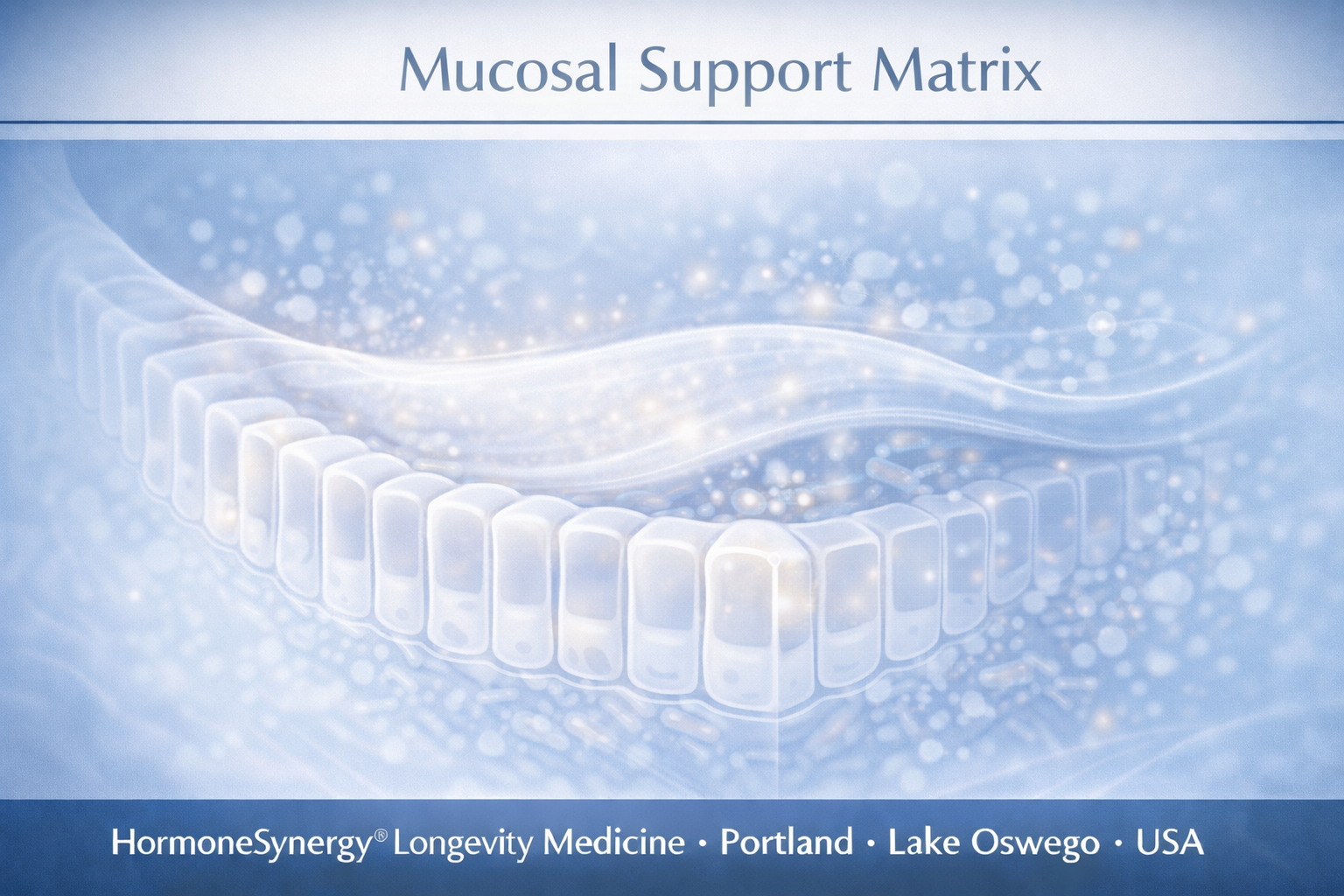 Mucosal support matrix and gut lining integrity illustrated in a clean clinical editorial style for HormoneSynergy® Longevity Medicine