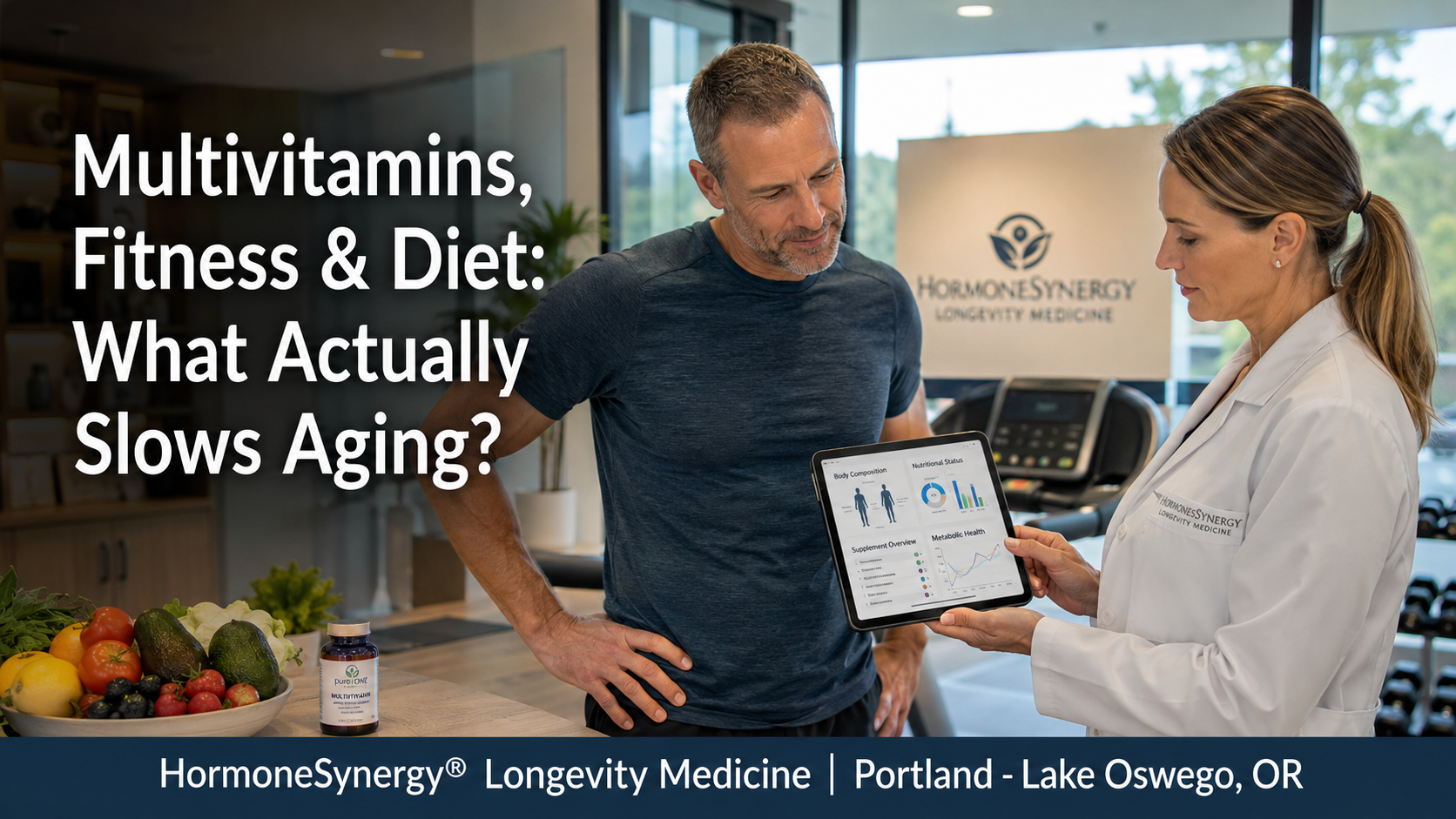 Middle-aged adult in a longevity medicine clinic reviewing fitness, nutrition, and supplement data for healthy aging.