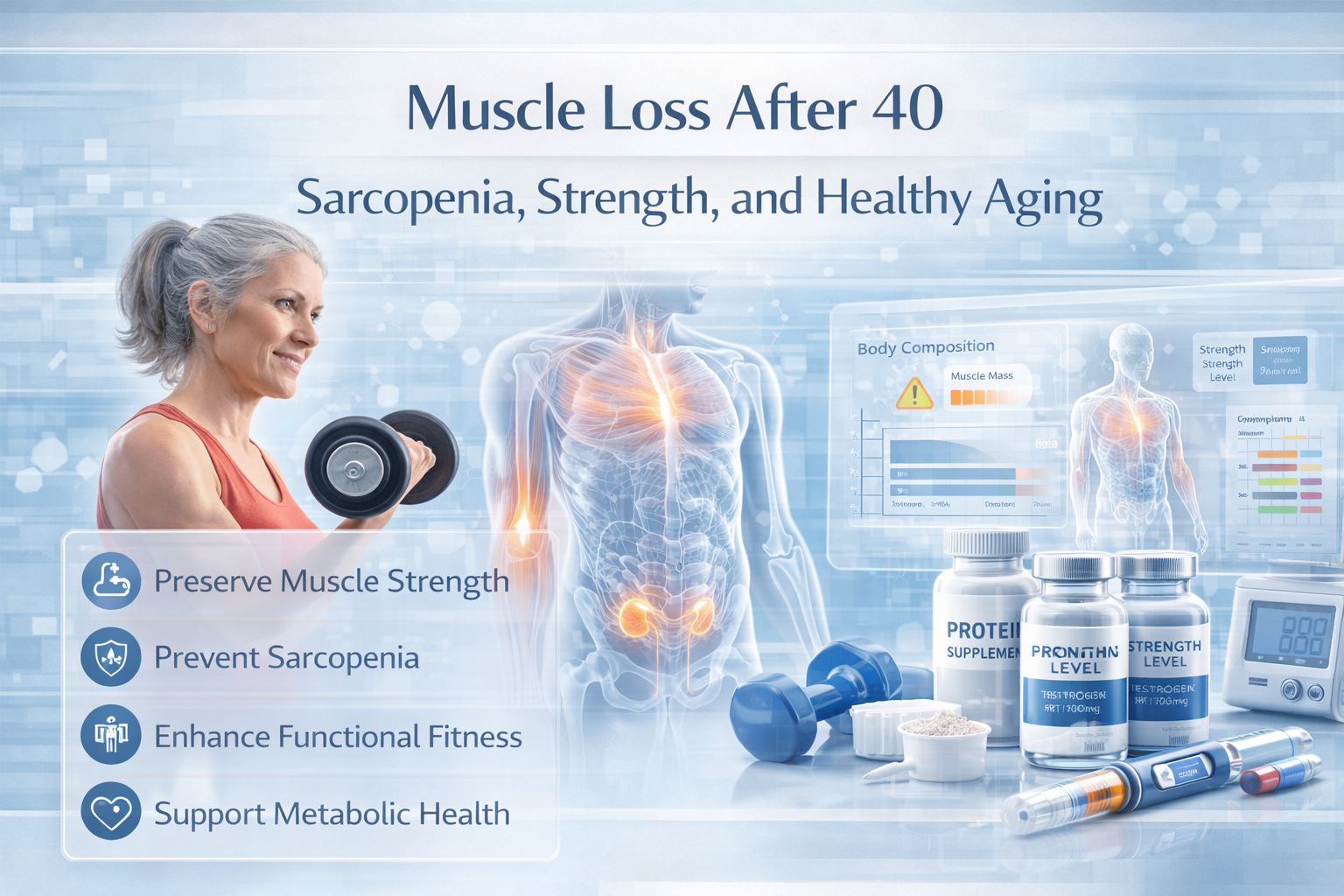 Muscle loss after 40 hero image showing sarcopenia prevention and strength for healthy aging