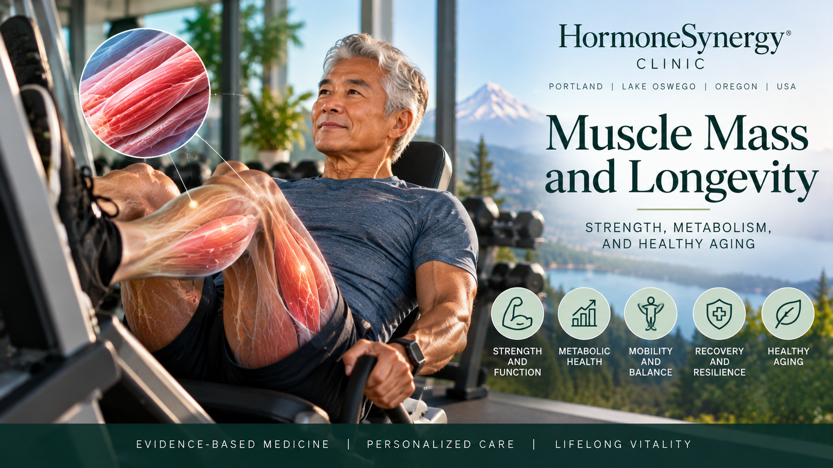 Active Asian man in his 70s performing leg-press resistance training, illustrating skeletal muscle preservation, strength, metabolic health, and healthy aging.