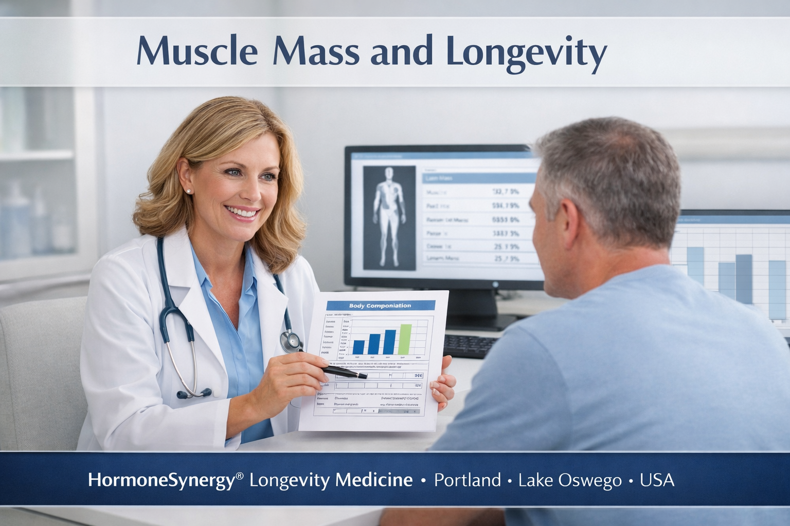 Woman physician reviewing muscle mass and body composition results with patient in a clinical longevity medicine setting.