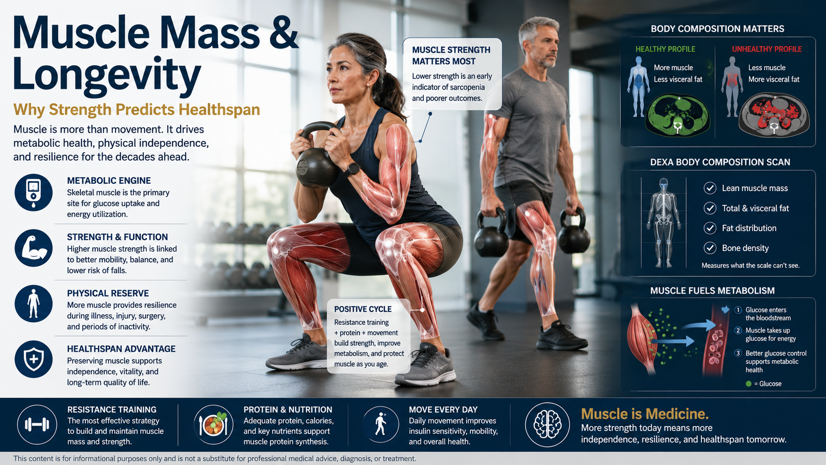 Active adults strength training with skeletal muscle, grip strength, glucose metabolism, and body composition graphics illustrating muscle mass and longevity.