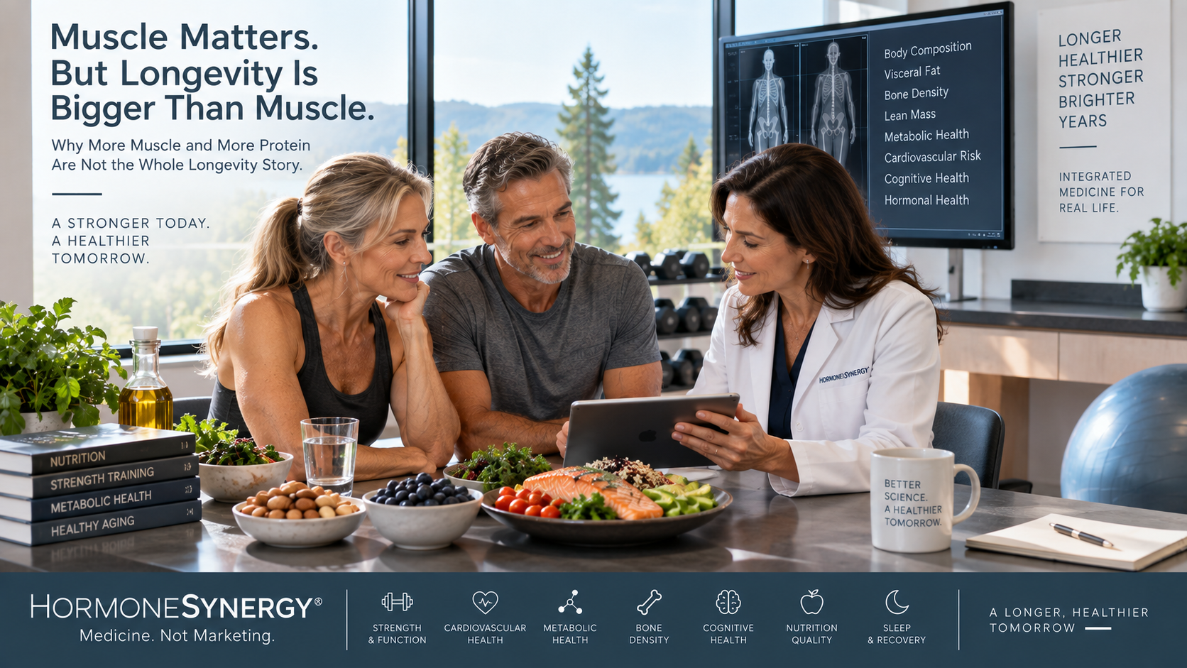 Muscle and longevity shown within a broader healthy-aging strategy including strength, cardiovascular fitness, body composition, metabolic health and nutrition.