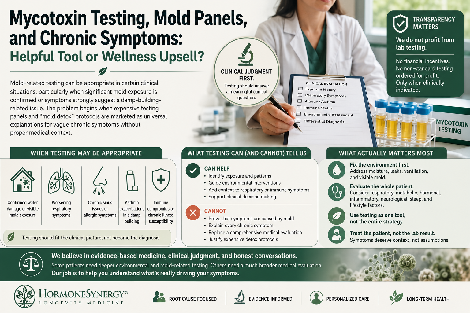 Clinical evaluation of mold exposure, mycotoxin testing, damp-building assessment, and evidence-based longevity medicine.