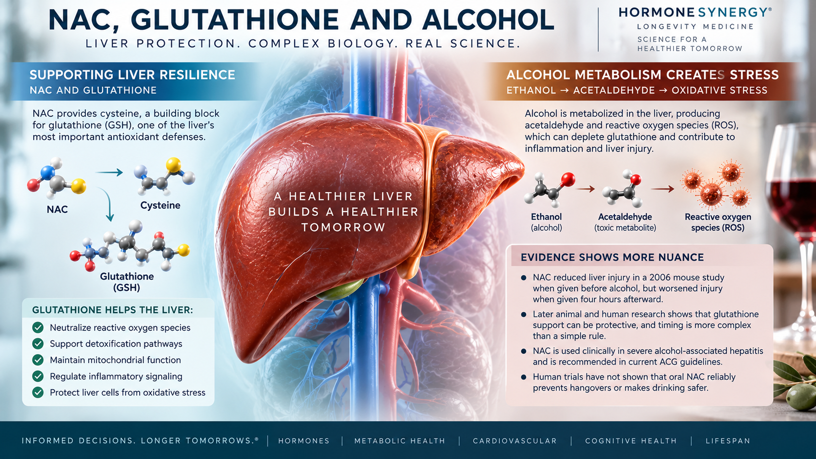 NAC, glutathione, alcohol metabolism and liver antioxidant defenses showing acetaldehyde, oxidative stress and hepatic redox biology.
