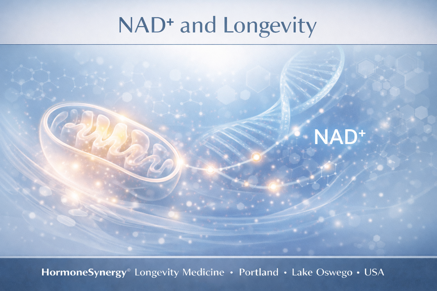 NAD and Longevity clinical editorial banner showing mitochondrial energy, cellular metabolism, and DNA repair themes in HormoneSynergy