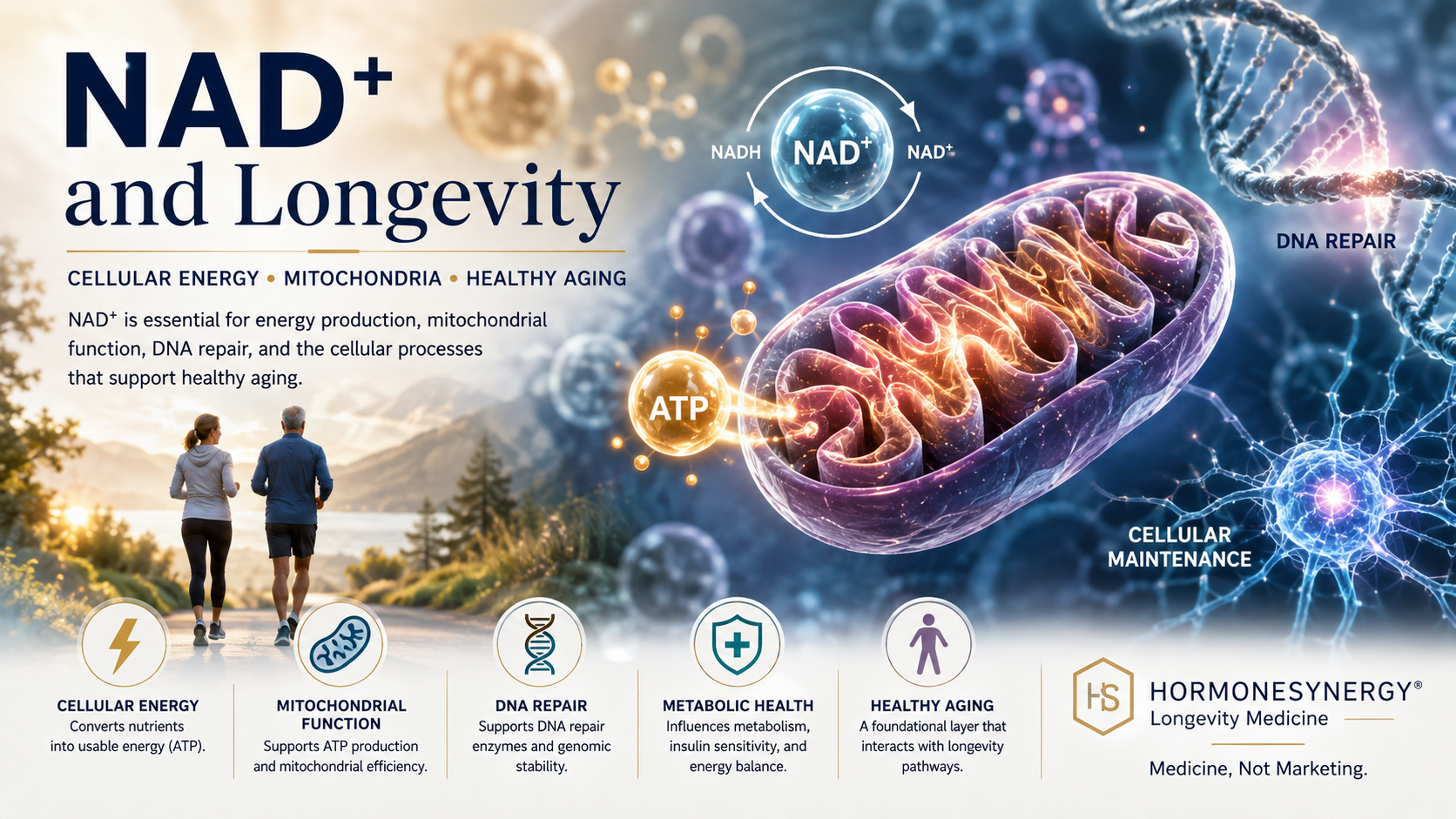 NAD⁺ and longevity illustration showing mitochondrial energy production, cellular metabolism, DNA repair, and healthy aging.