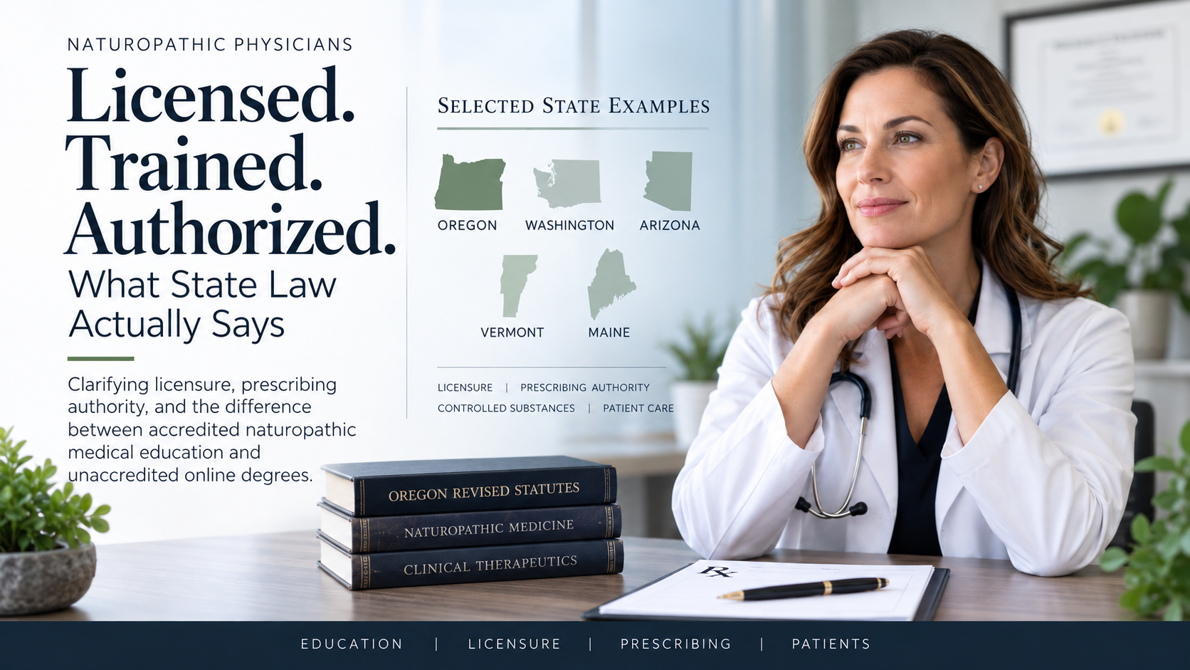 Licensed naturopathic physician in a clinical setting with Oregon, Washington, Arizona, Vermont and Maine highlighted as examples of differing state laws governing naturopathic physician licensure and prescribing authority.