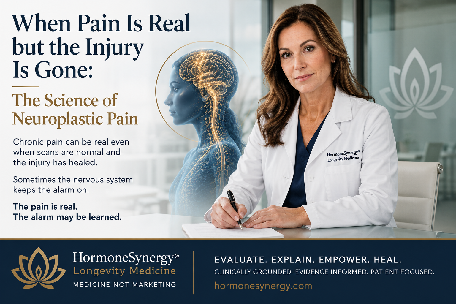 HormoneSynergy® clinical consultation image showing a physician and patient reviewing nervous system pain signaling and neuroplastic pain in a calm medical office.