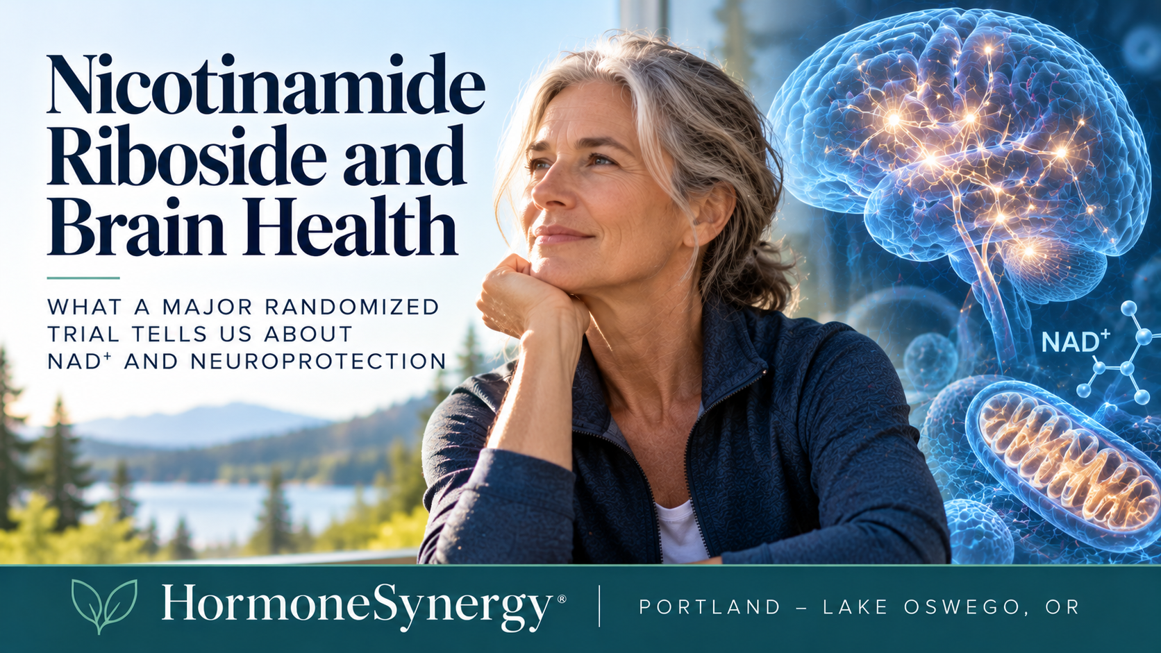 HormoneSynergy® editorial image illustrating nicotinamide riboside, NAD⁺ metabolism, mitochondrial function, and neurological research.