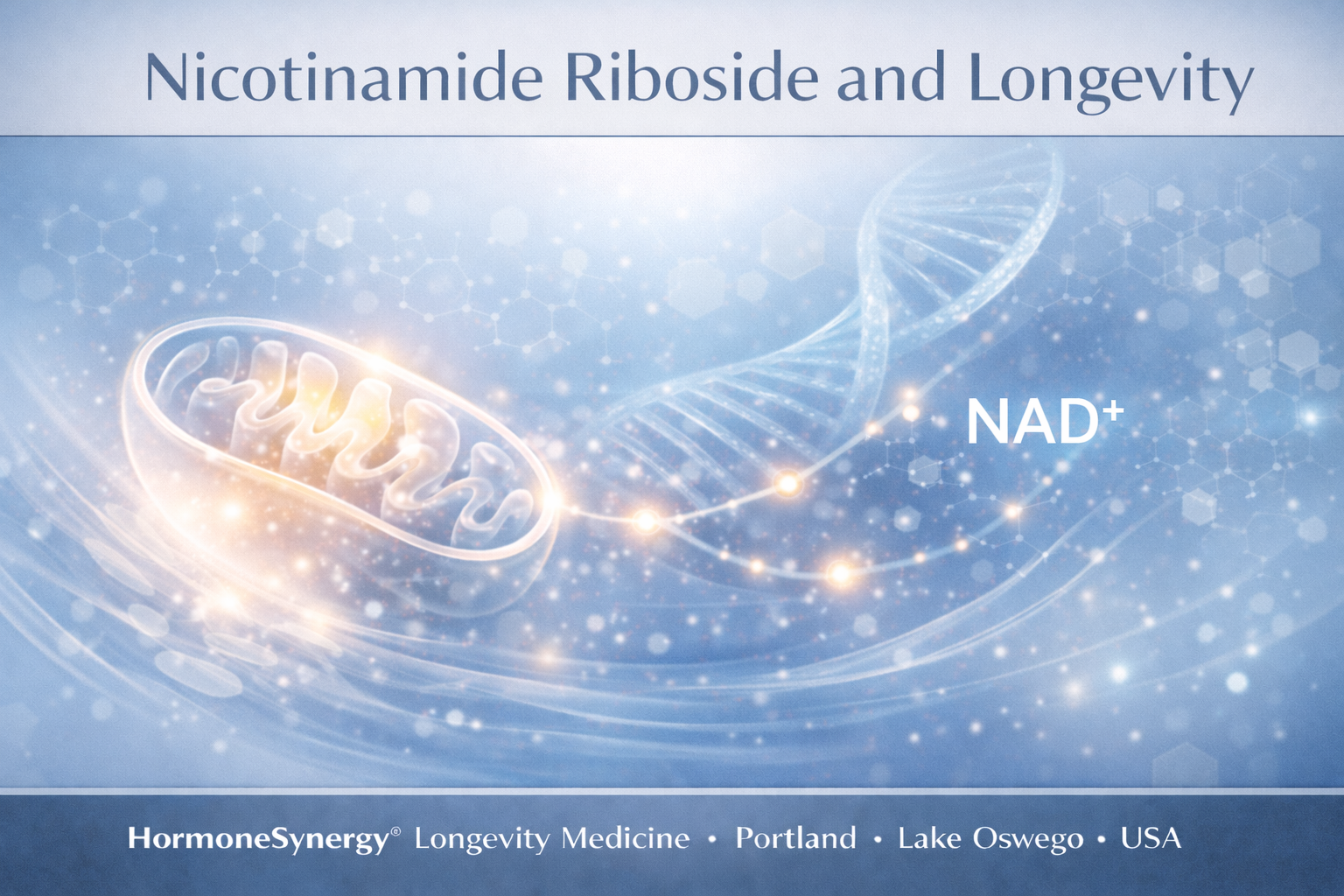 Nicotinamide riboside and longevity clinical banner showing NAD cellular energy, mitochondrial function, and DNA repair in HormoneSynergy