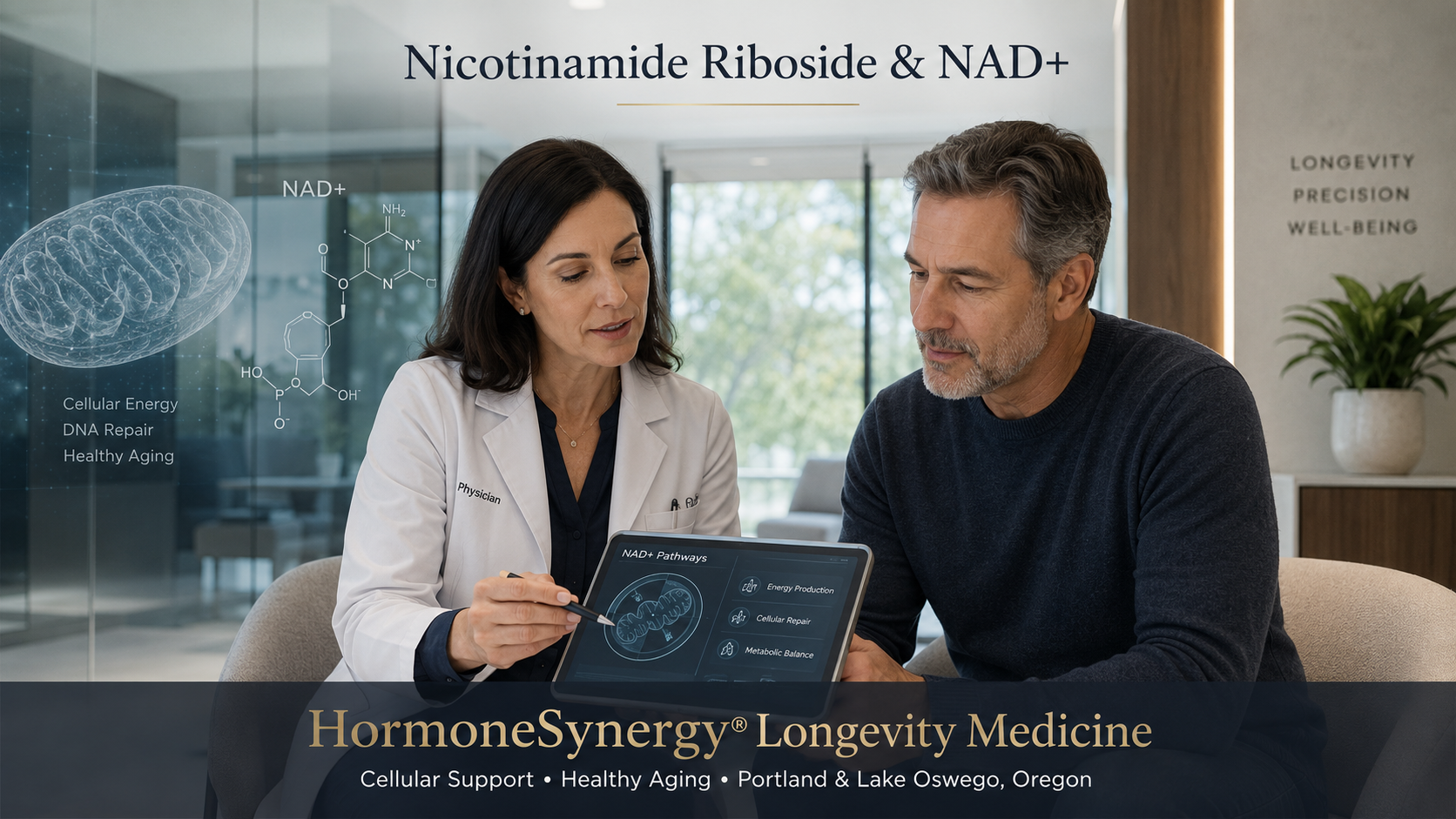 Physician and patient discussing nicotinamide riboside and NAD support in a modern HormoneSynergy longevity medicine clinic.