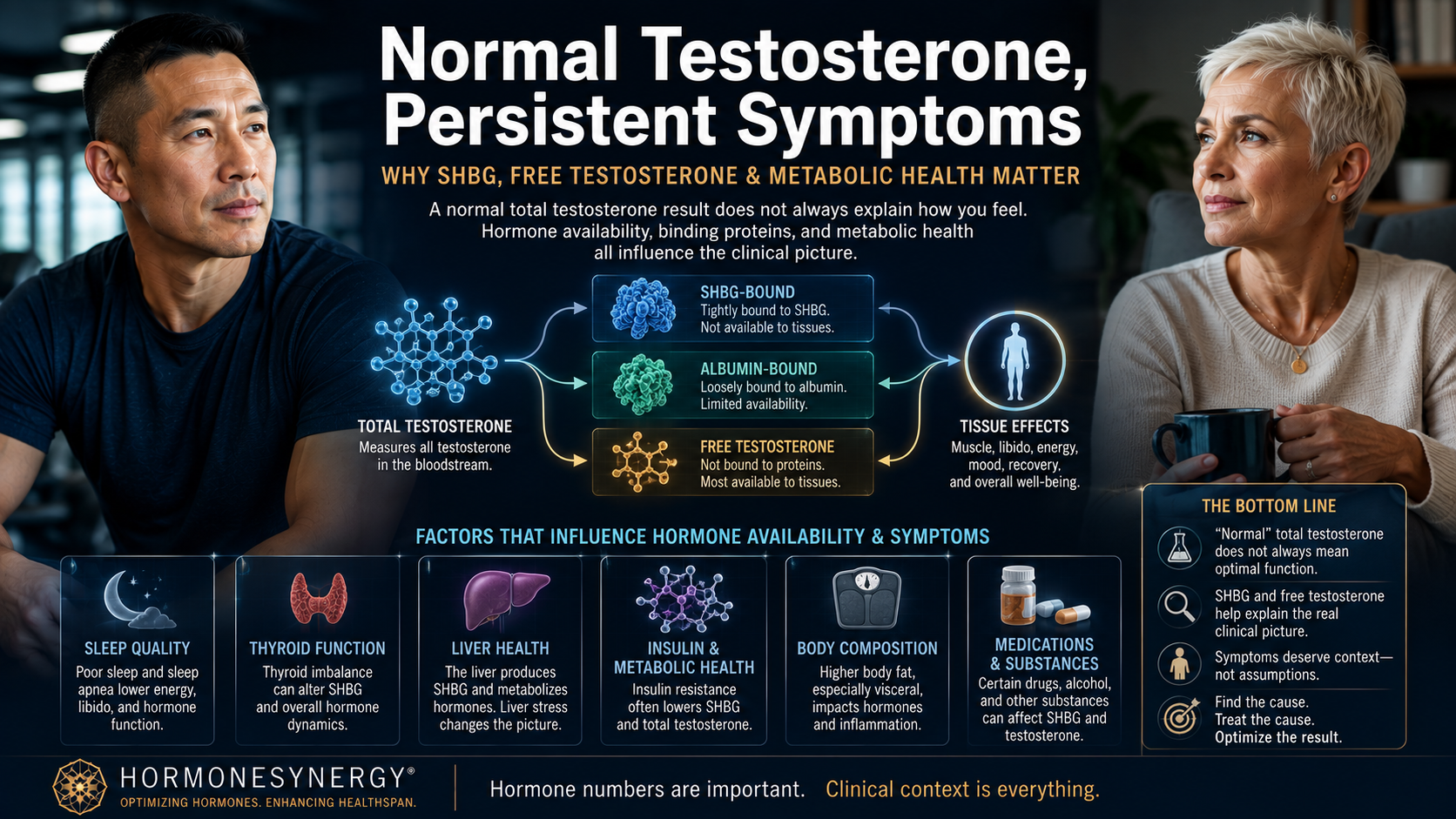 Normal testosterone and persistent symptoms illustration showing free testosterone, SHBG, metabolic health, thyroid, sleep, and hormone interpretation