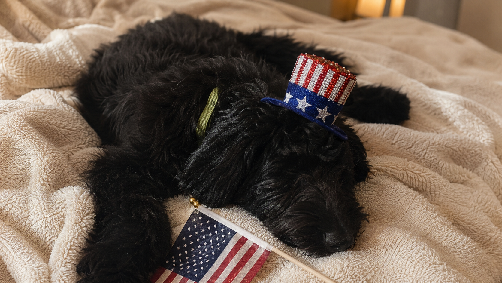 A calm dog resting in a quiet basement room after fireworks while a caring human sits nearby.