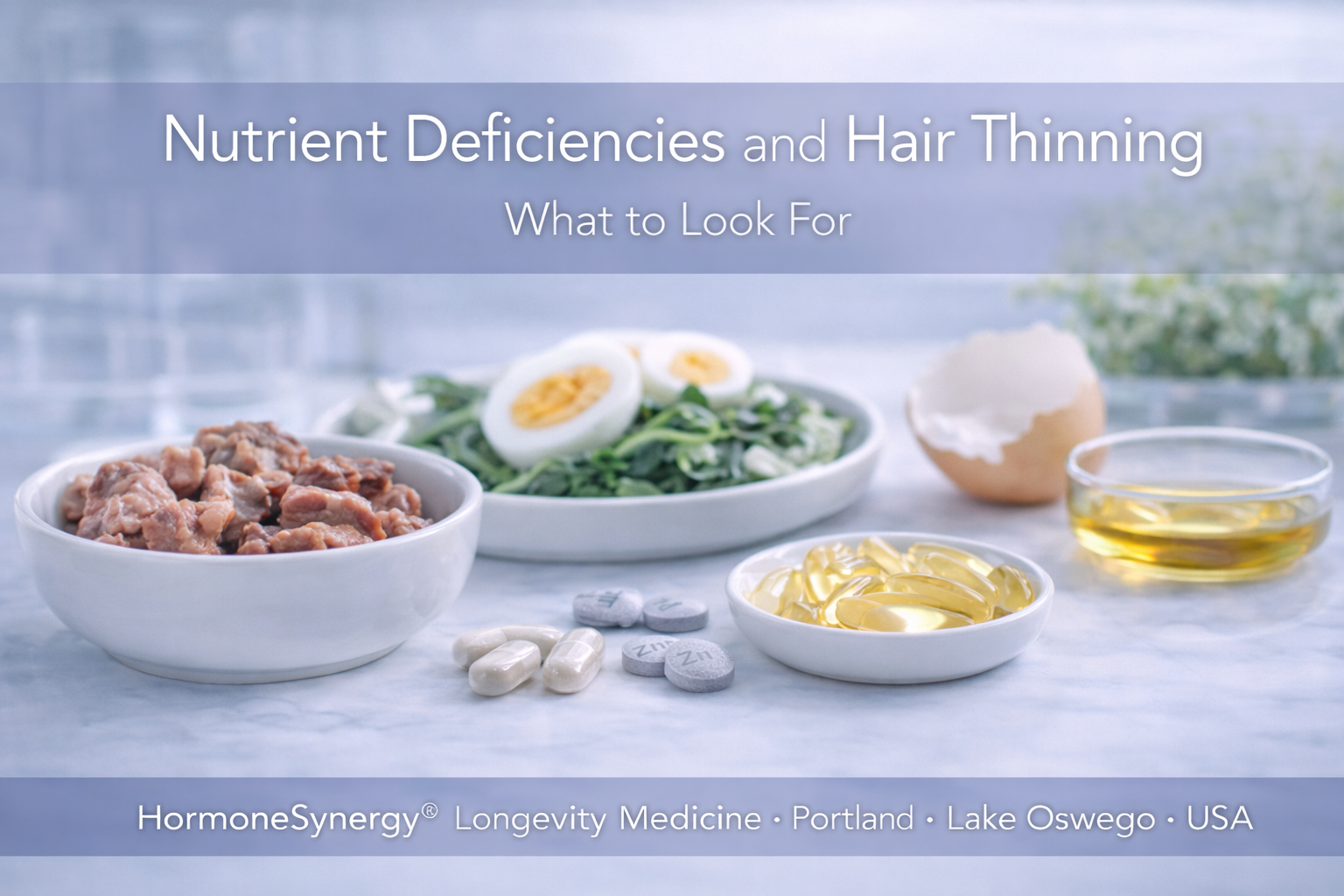 Nutrient deficiencies hair thinning zinc iron vitamin D foods supplements clinical banner HormoneSynergy Portland Oregon