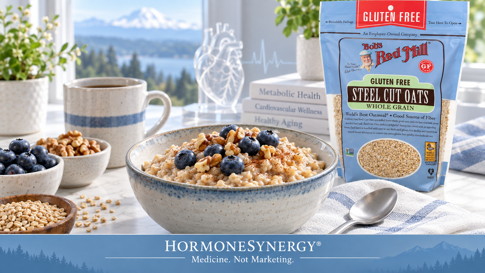 Steel-cut oatmeal with blueberries, walnuts and whole oats illustrating research on phytates, blood sugar, beta-glucan and cardiovascular health.