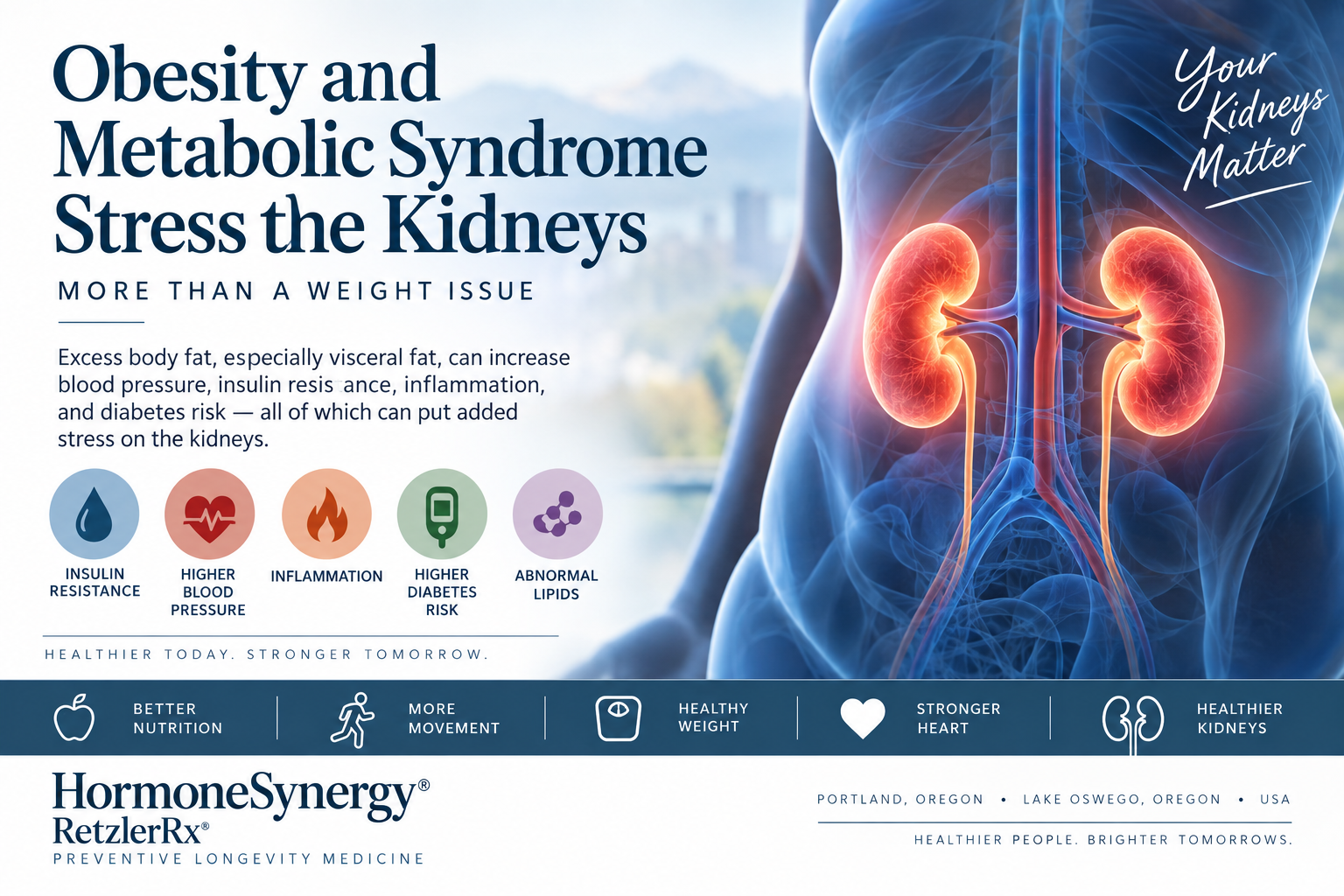 Obesity, metabolic syndrome and kidney health showing the relationship between visceral fat, metabolic risk, cardiovascular health and chronic kidney disease.