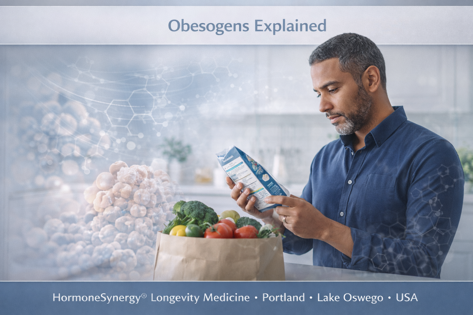 person reviewing food packaging with subtle metabolic overlays representing obesogens and metabolic health