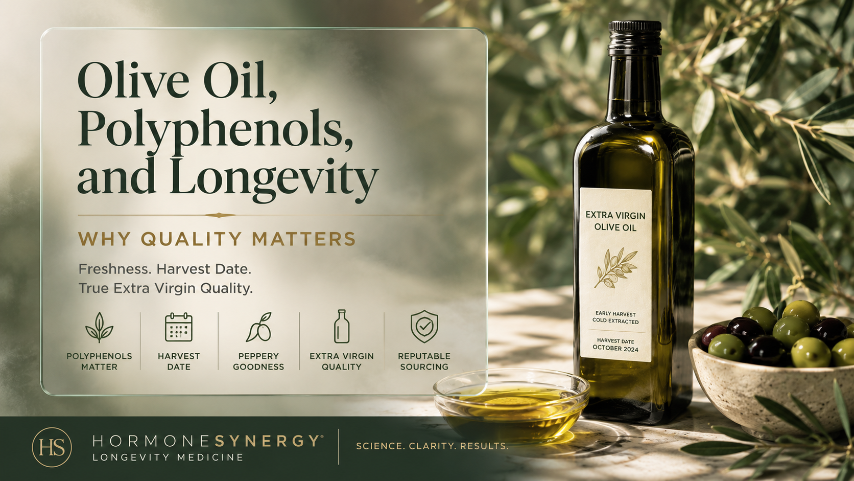 HS Clinic Glass editorial image showing extra virgin olive oil, olives, and olive branches for an article on polyphenols, olive oil quality, and longevity nutrition by HormoneSynergy in Portland and Lake Oswego.