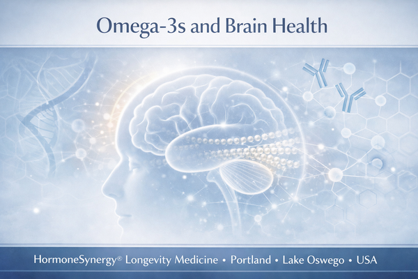 Omega-3 fatty acids and brain health clinical illustration showing neuronal membranes, inflammation balance, and cognitive longevity pathways