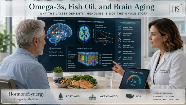 Clinical HormoneSynergy® Longevity Medicine image showing brain aging, omega-3 biology, DHA and EPA, cerebral metabolism, and a clinician-guided nutrition discussion.