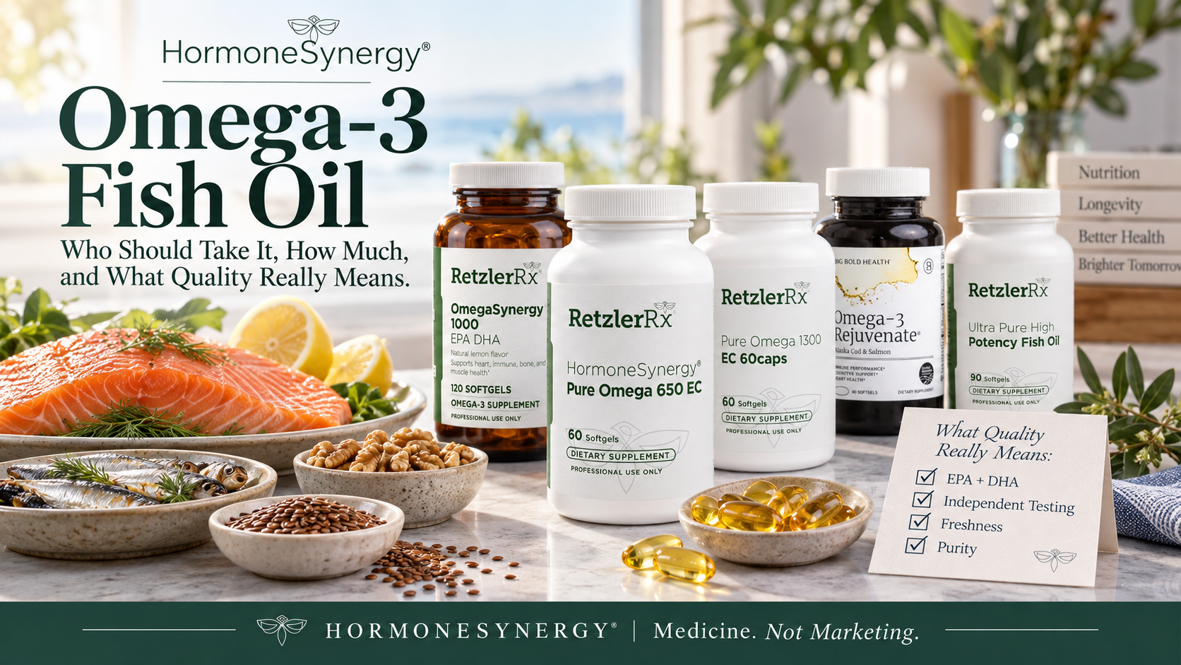 Omega-3 fish oil with salmon and sardines illustrating EPA DHA dose, purity, freshness and supplement quality