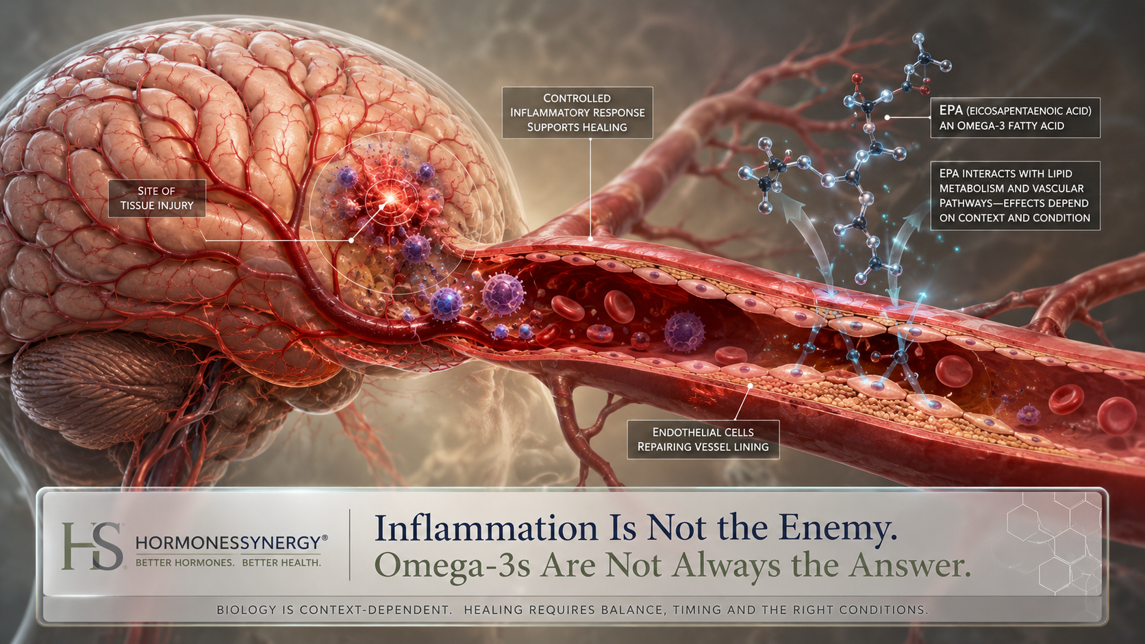 Medical illustration of cerebral blood vessels repairing after brain injury, showing inflammation and EPA omega-3 activity as context-dependent biological processes.