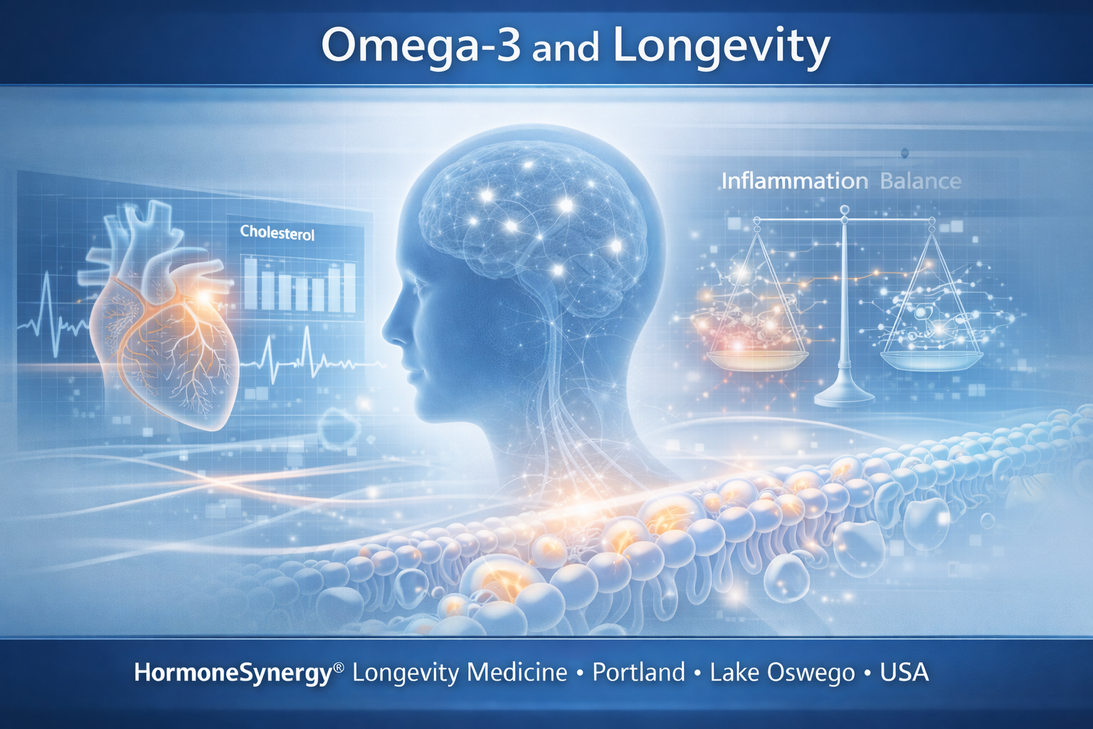 Omega-3 fatty acids and longevity concept showing cardiovascular health, brain function, and inflammation balance in a clinical dashboard style