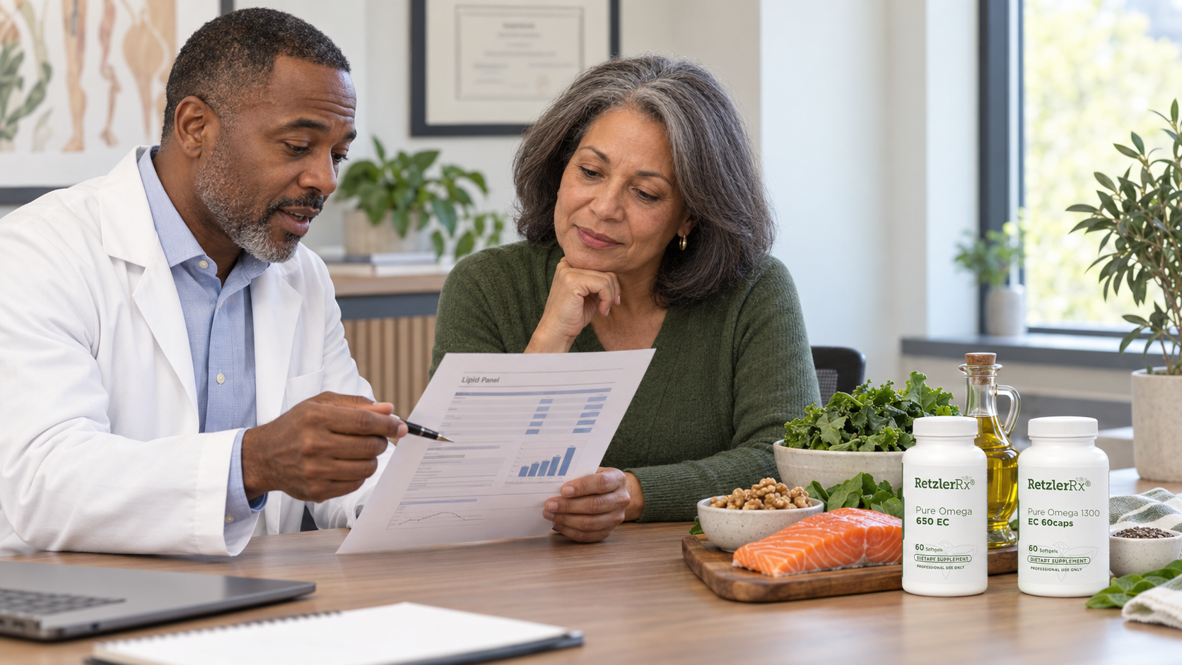 Physician reviewing a lipid panel with a patient beside salmon, olive oil, walnuts, greens, and RetzlerRx® Pure Omega supplements.