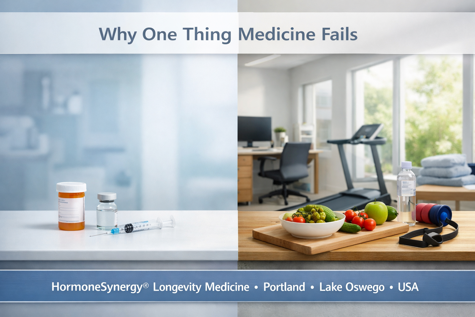 Clinical illustration comparing single-intervention medicine with a comprehensive longevity care approach including lifestyle and integrated health systems