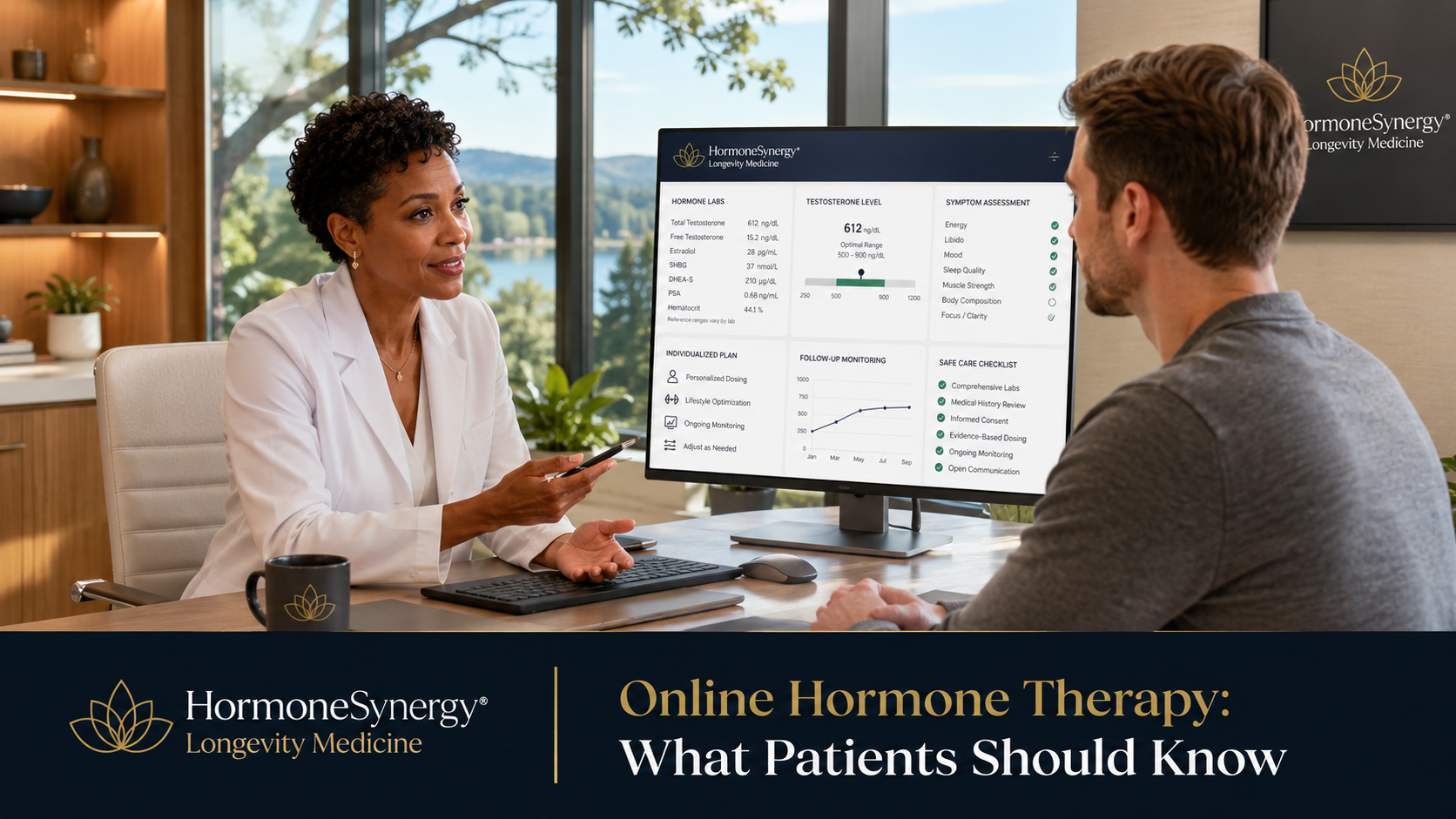 Generic clinician reviewing online hormone therapy, testosterone monitoring, lab testing, informed consent, and individualized care with a patient in a modern Portland and Lake Oswego longevity medicine clinic.