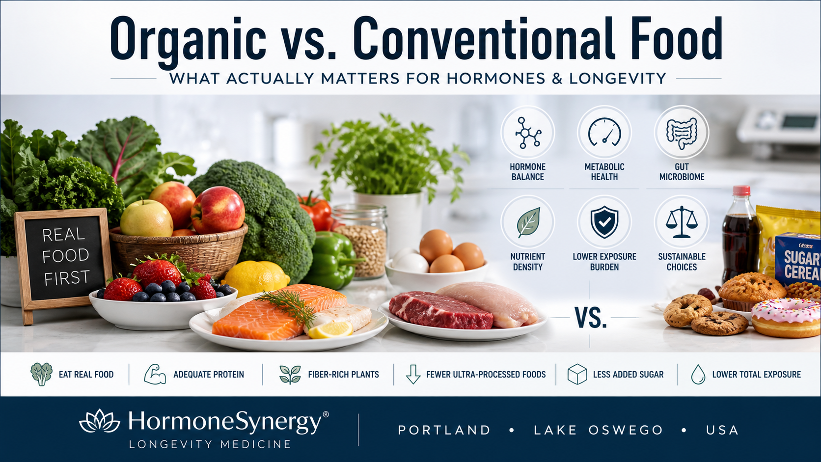 organic and conventional real food choices in a practical hormone and longevity medicine framework focused on produce, protein, fish, metabolic health, gut health, and endocrine-disrupting exposure reduction.