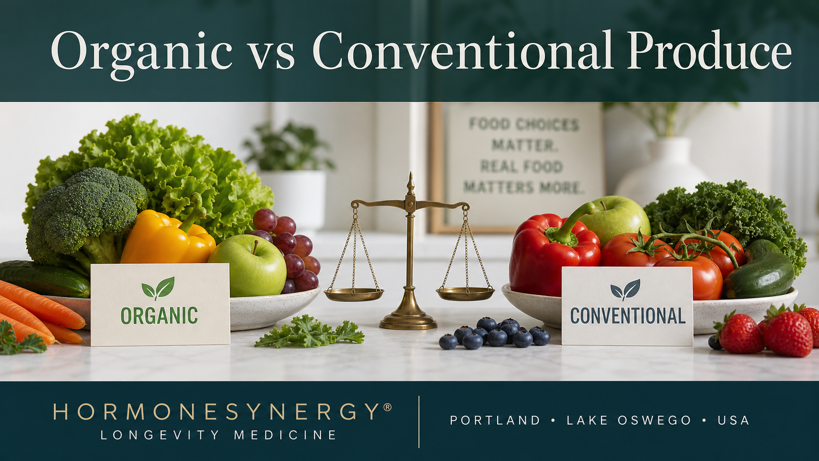 Balanced view of organic and conventional produce in a clinical setting illustrating practical food choices for longevity and reduced exposure.