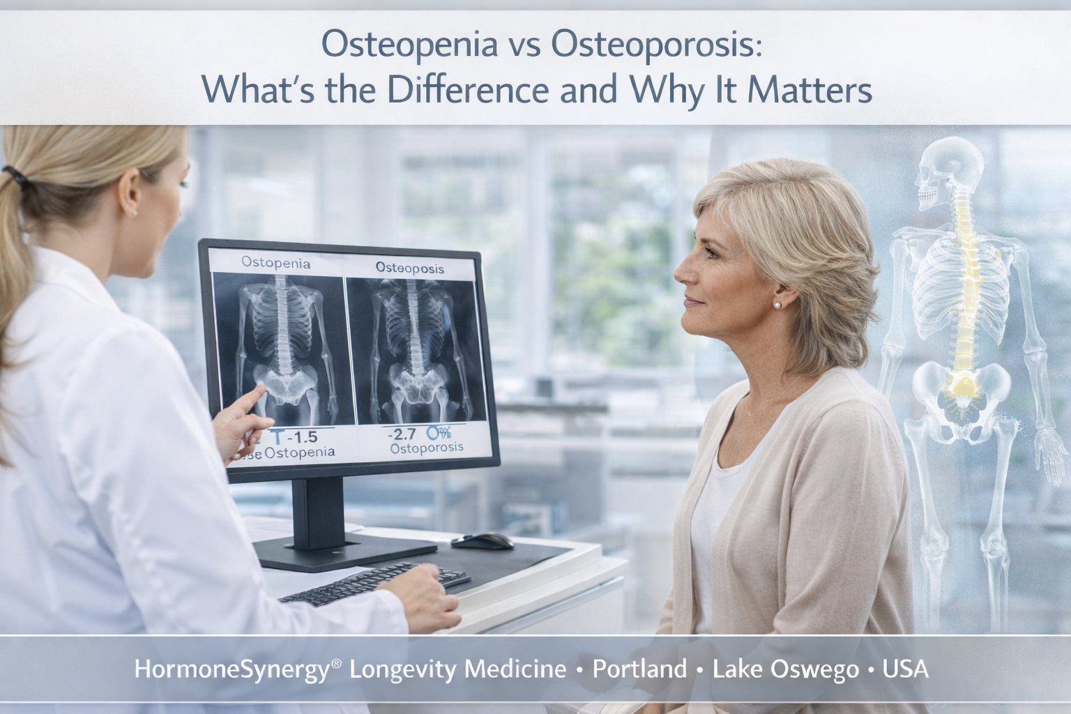 Older woman reviewing DEXA bone density results with a clinician to understand osteopenia vs osteoporosis in a longevity medicine setting