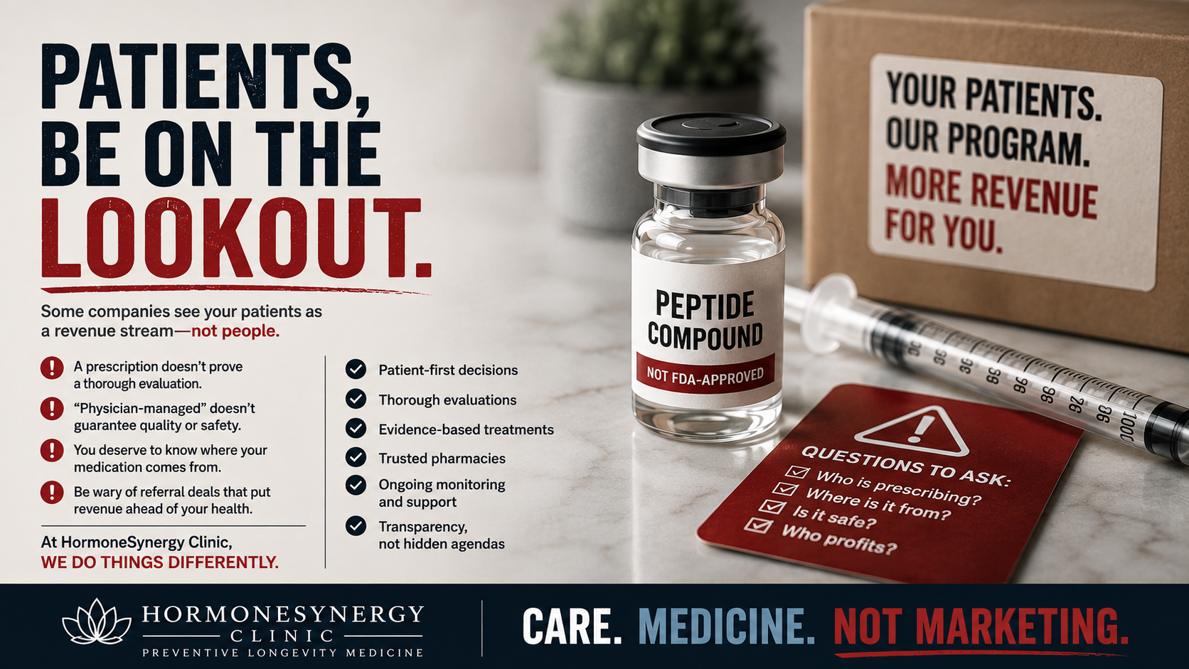 Physician stops a commercial conveyor carrying peptide injections toward a cash register, illustrating concerns about revenue-driven prescribing.