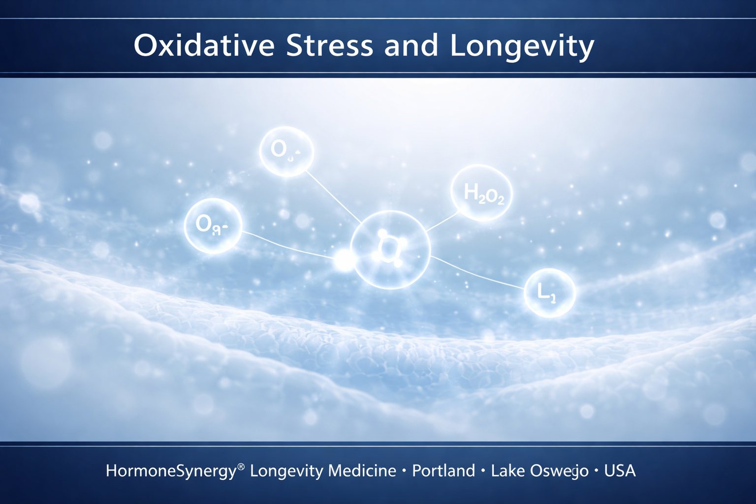 Subtle reactive oxygen species and cellular signaling network in a clean clinical visualization representing oxidative stress and its role in longevity and cellular health in HormoneSynergy® Longevity Medicine