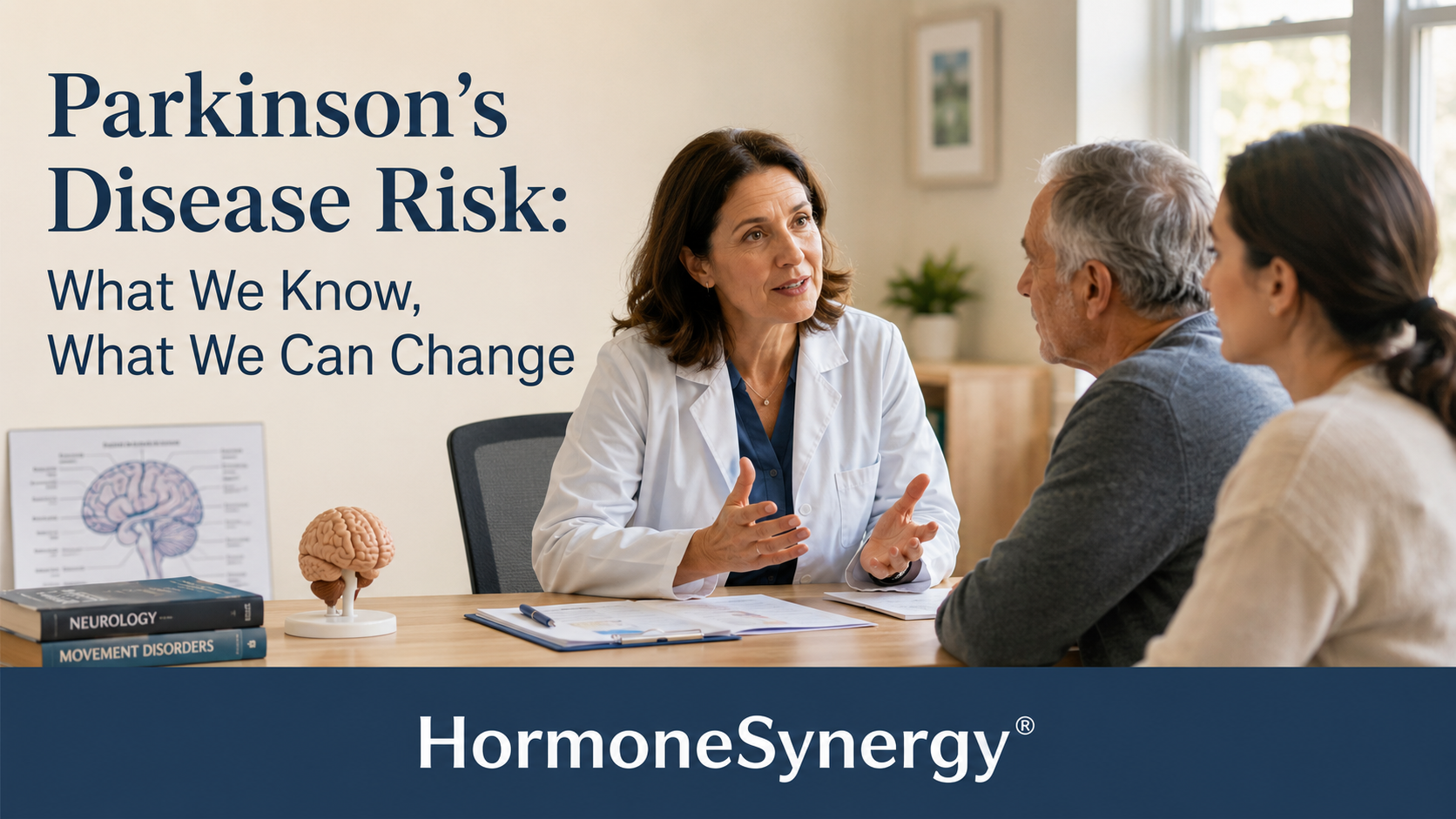 Compassionate physician discussing Parkinson’s disease risk, genetics, head trauma, and environmental exposure with an older adult patient and family member.