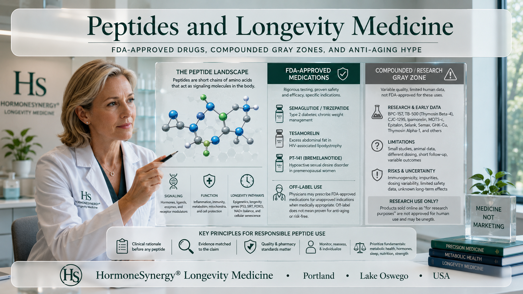 Injectable peptides, FDA-approved drugs, compounded gray zones, and anti-aging marketing reviewed through a clinical longevity medicine lens at HormoneSynergy®.