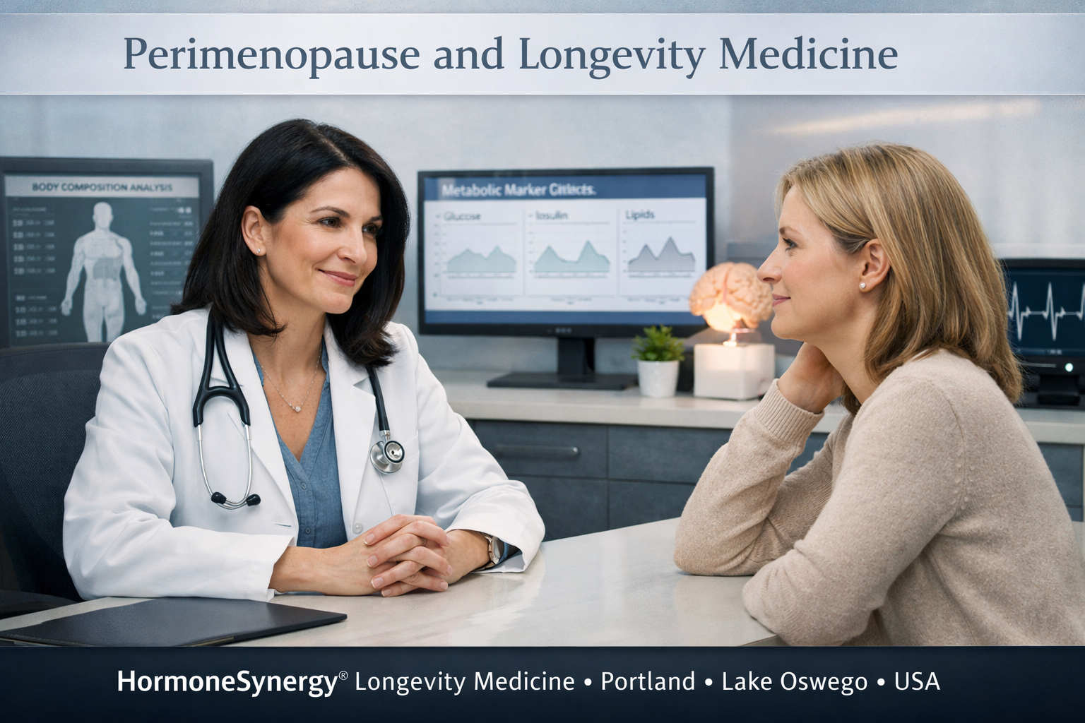 Dark-haired woman physician consulting with a perimenopausal woman in a modern clinical longevity medicine setting with subtle metabolic, sleep, and brain health cues.