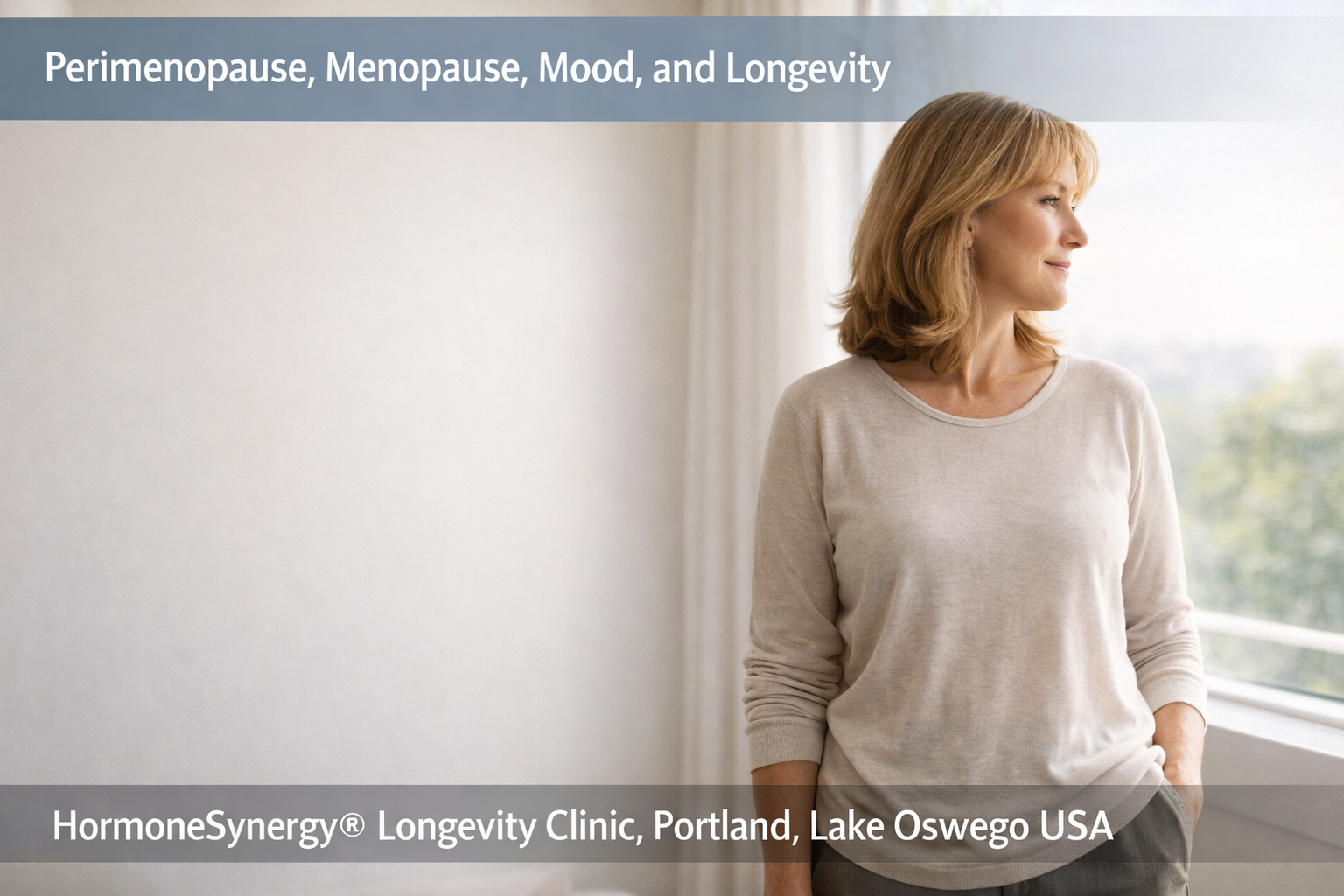 Hormonal transition and mood changes during perimenopause and menopause represented through light gradient and posture in a modern setting – HormoneSynergy® Portland Lake Oswego USA