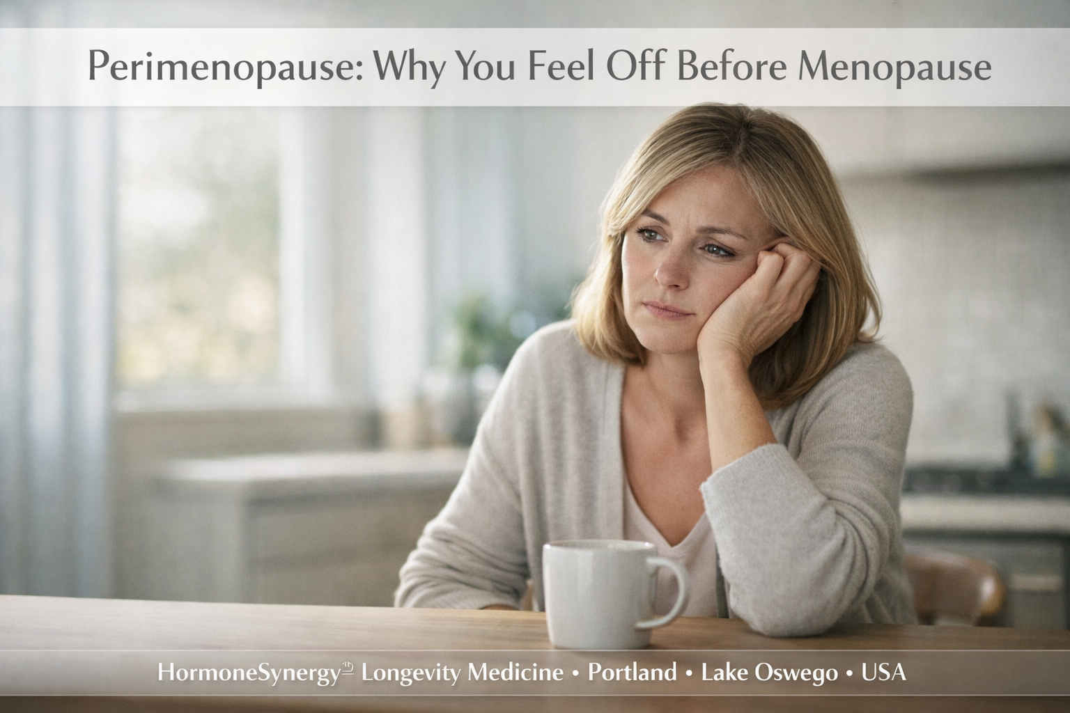 Woman in her 40s experiencing fatigue and reflection representing early perimenopause symptoms and hormonal changes